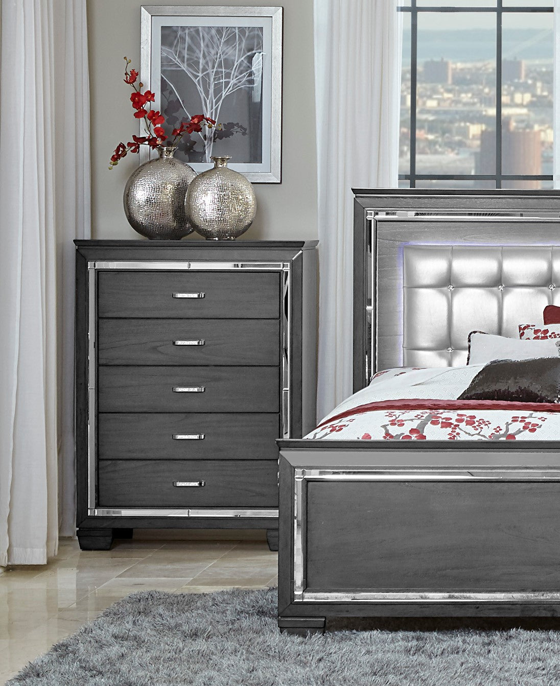 Modern Bedroom Gray Finish 1Pc Chest Of 5X Dovetail Drawers Beveled Mirror Trim Wooden Furniture Faux Crystal Handles Gray Bedroom Glam,Modern Wood