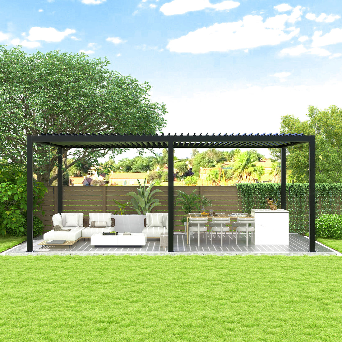 8640E Louver Pergola 10X19Ft Aluminum Frame & Steel Louvers Black Aluminum