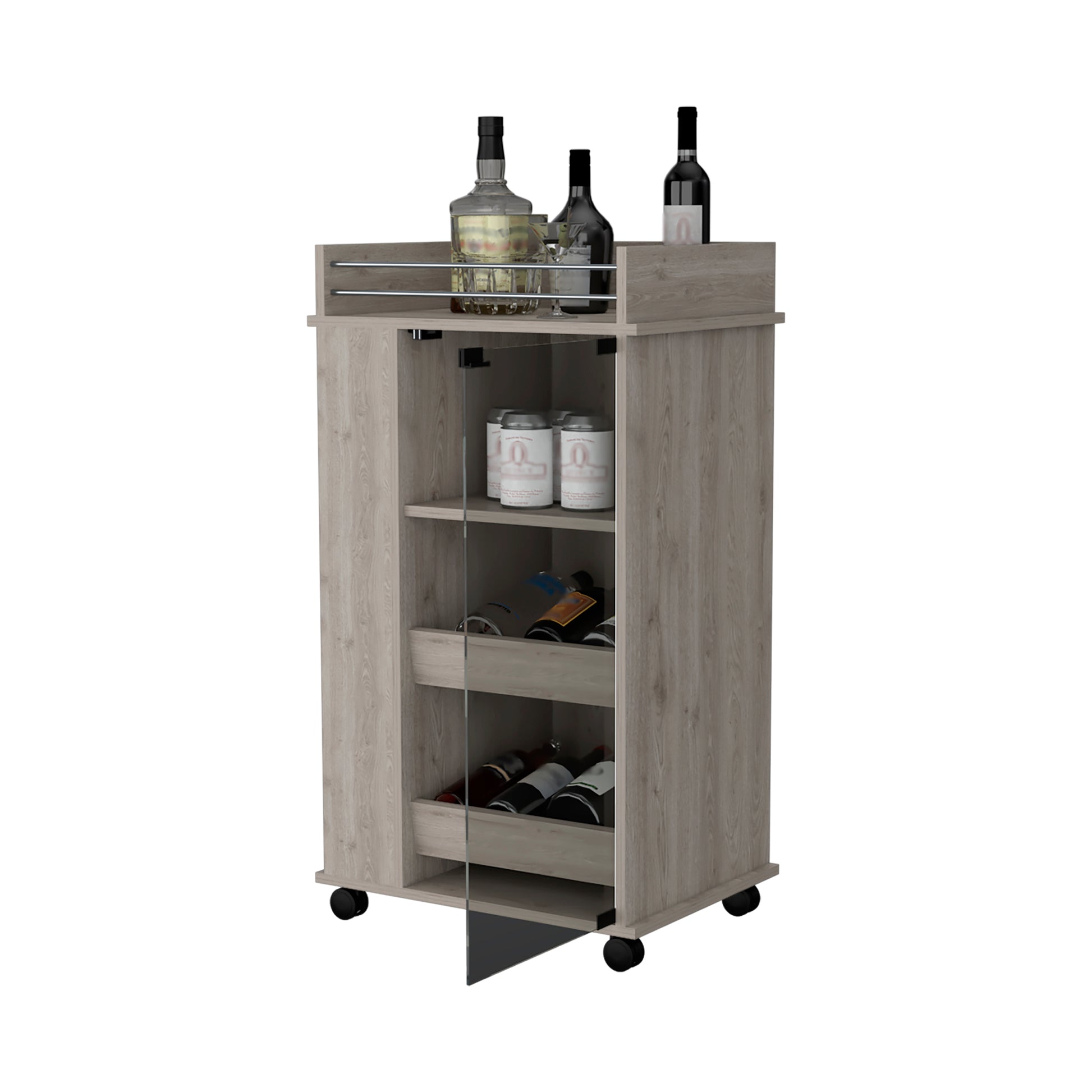 Lusk Bar Cart With 2 Bottle Holder Shelf, Glass