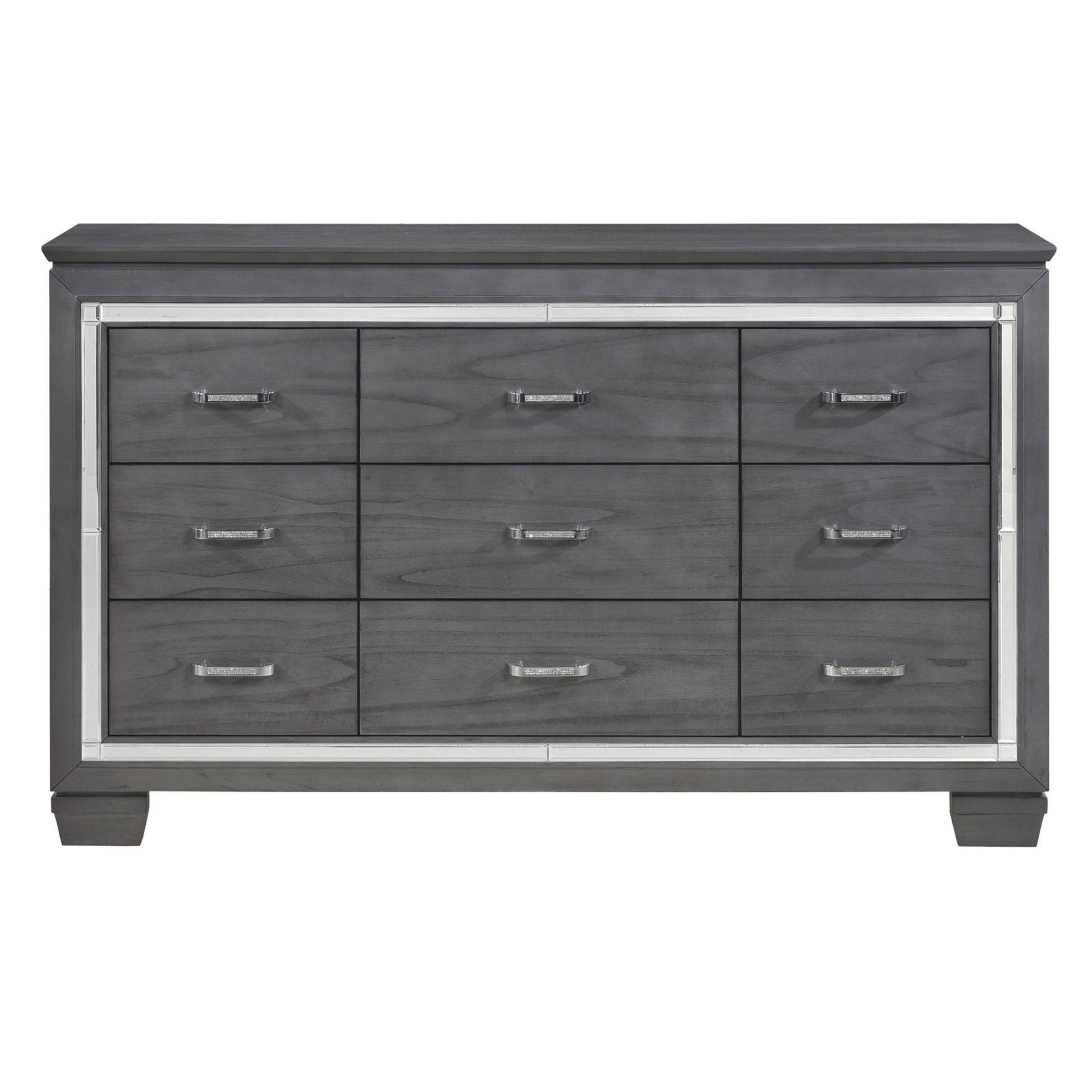 Modern Glam Bedroom Furniture 1Pc Dresser Of 9 Drawers Gray Finish Beveled Mirror Trim Faux Crystal Drawers Pulls Gray Bedroom Contemporary,Glam,Modern Wood