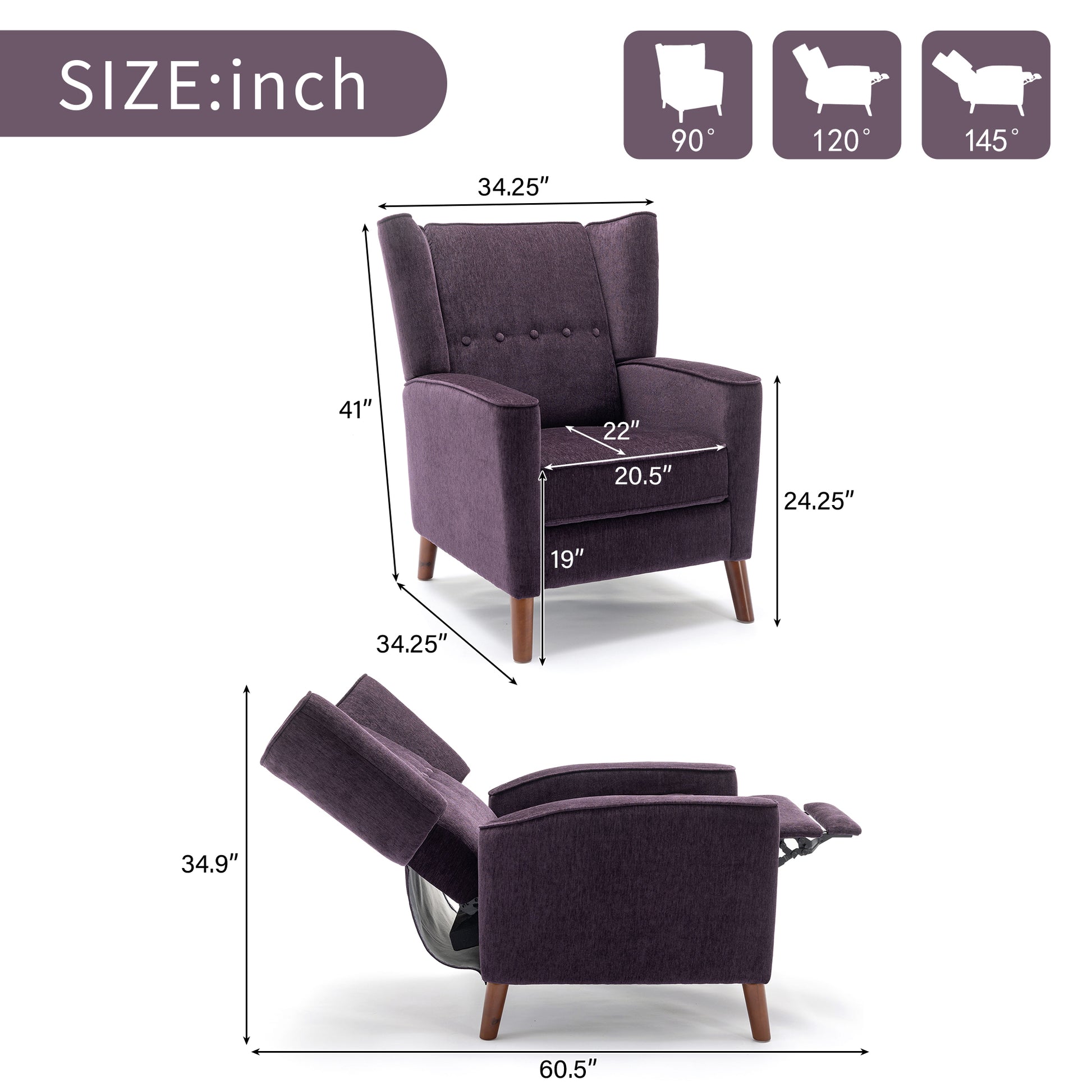 Mid Century Chenille Wingback Recliner Chair, Button Tufted Design Pushback Recliner Chair With Armrest And Solid Wood Legs, For Bedroom Living Room, Purple Purple Chenille