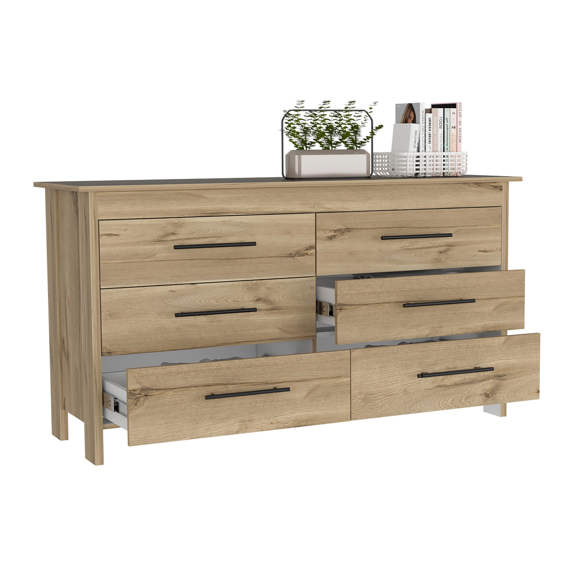 Hms 6 Drawer Double Dresser, Four Legs, Superior Top Light Oak White Multicolor Bedroom Modern Particle Board Particle Board