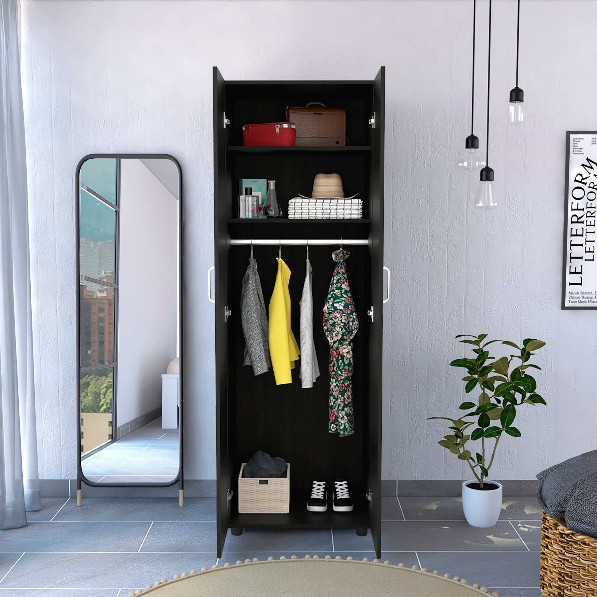 Aurora Armoire, Two Interior Shelves, Rod, Double Door Black Black Bedroom Modern Particle Board Particle Board