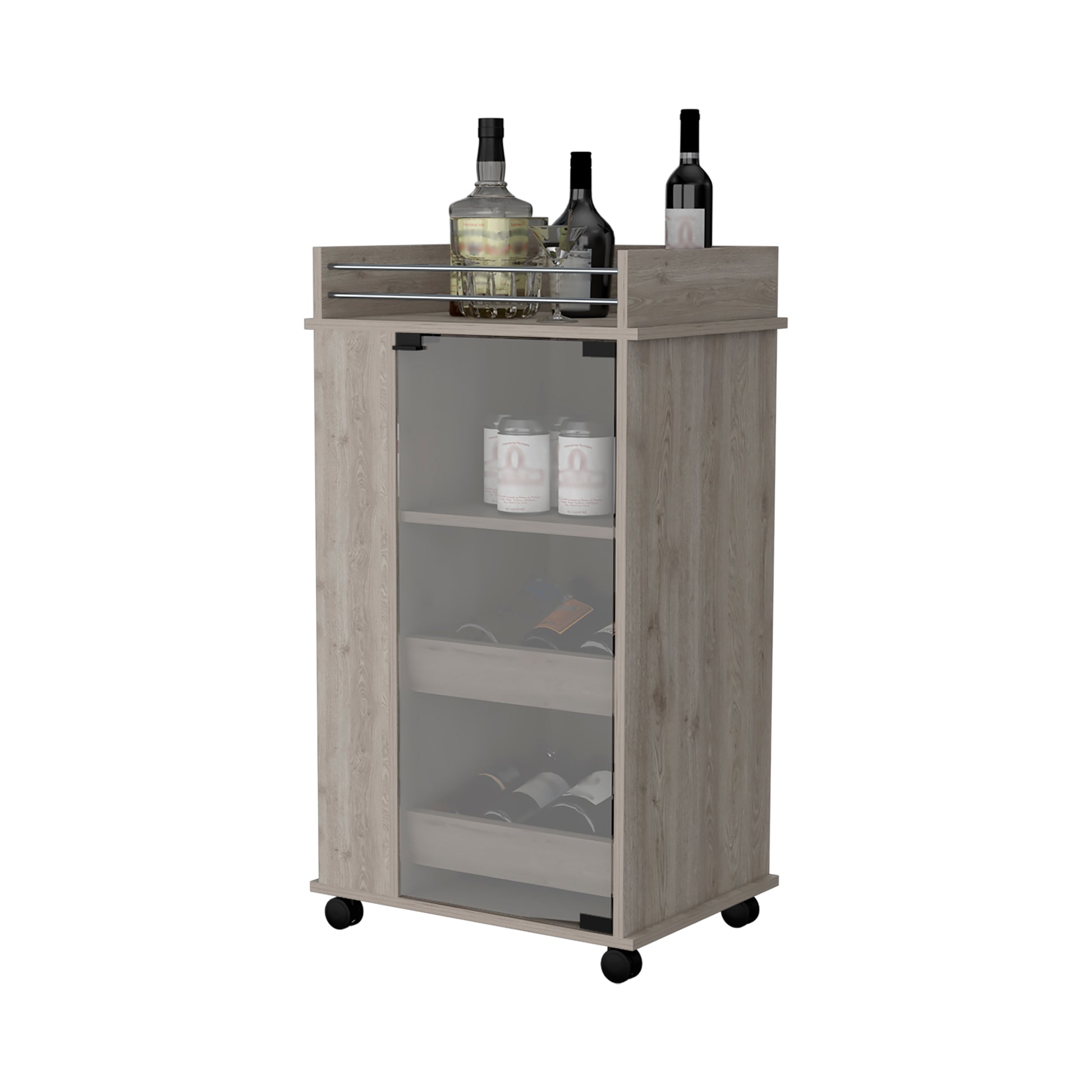 Lusk Bar Cart With 2 Bottle Holder Shelf, Glass Door And Casters Light Gray Particle Board Engineered Wood