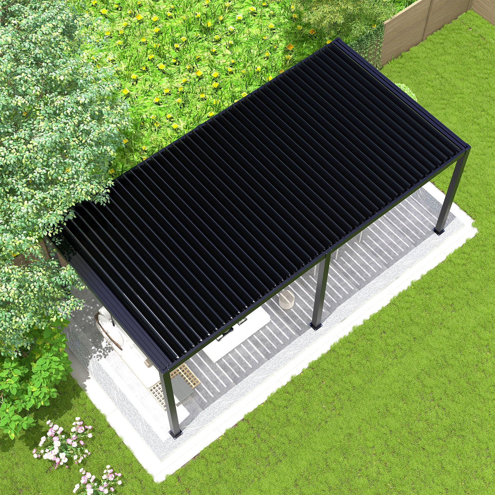 8640E Louver Pergola 10X19Ft Aluminum Frame & Steel Louvers Black Aluminum