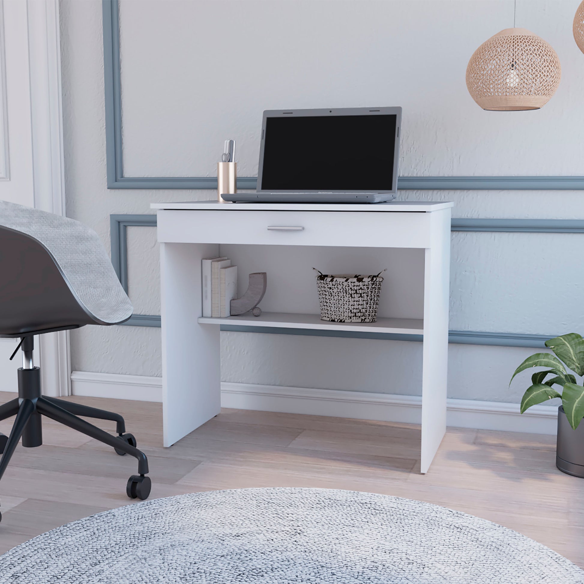 Kaylor Storage Desk, Modern Design With Drawer And Shelf White Computer Desk Office Modern Freestanding Pine Drawers Computer Tables Particle Board Engineered Wood