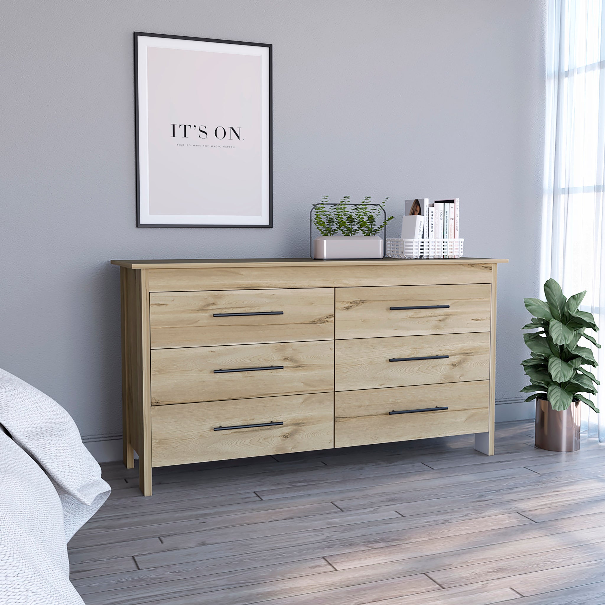 Hms 6 Drawer Double Dresser, Four Legs, Superior Top Light Oak White Multicolor Bedroom Modern Particle Board Particle Board