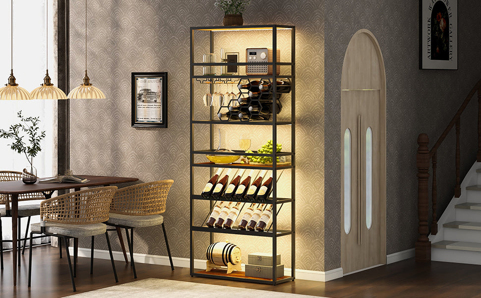 Led Tall Wine Rack Freestanding Floor, 7 Tier Wine Baker Rack With Glass Holder & Wine Storage, Industrial Wine Display Shelf Wine Bar Cabinet For Bar, Kitchen, Dining Room Walnut Black Dining Room Industrial Mdf Metal