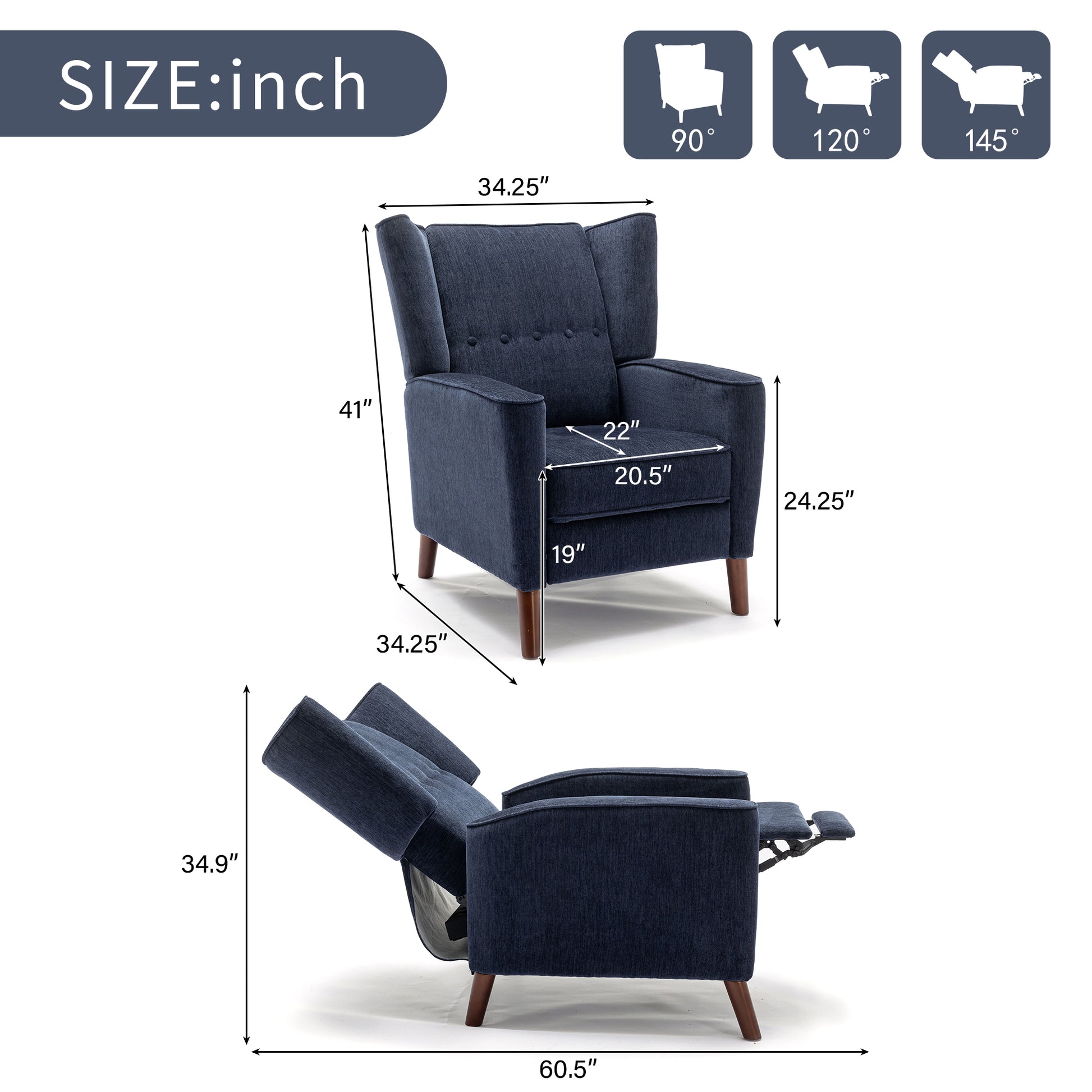 Mid Century Chenille Wingback Recliner Chair, Button Tufted Design Pushback Recliner Chair With Armrest And Solid Wood Legs, For Bedroom Living Room, Navy Blue Navy Blue Chenille