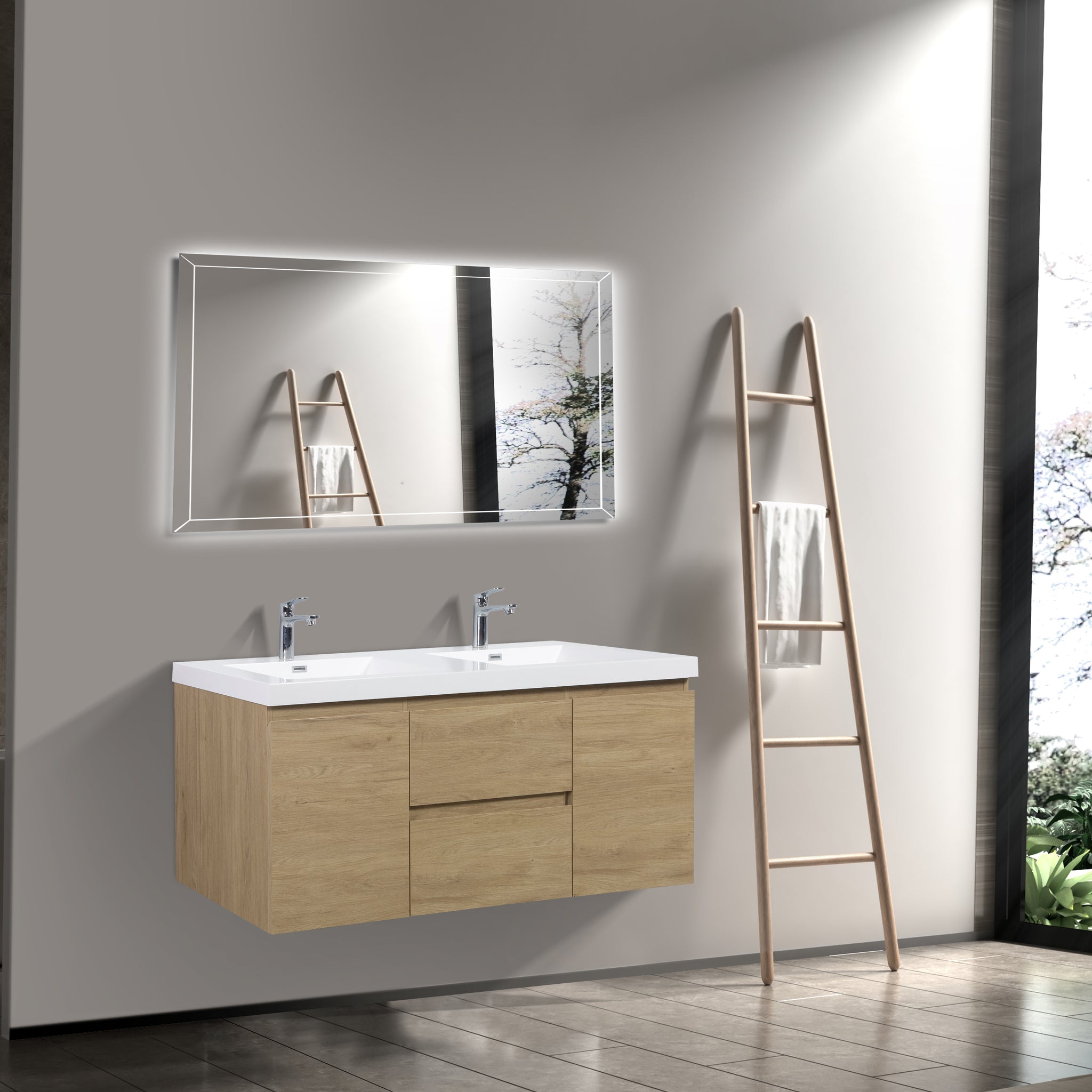 60'' Wall Hung Bathroom Vanity In Natural Oak With White Top 24Vangela 60 6066 Oak Mdf