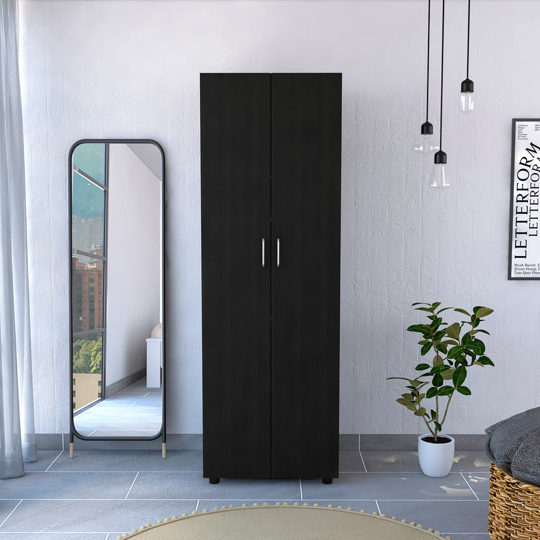 Aurora Armoire, Two Interior Shelves, Rod, Double Door Black Black Bedroom Modern Particle Board Particle Board