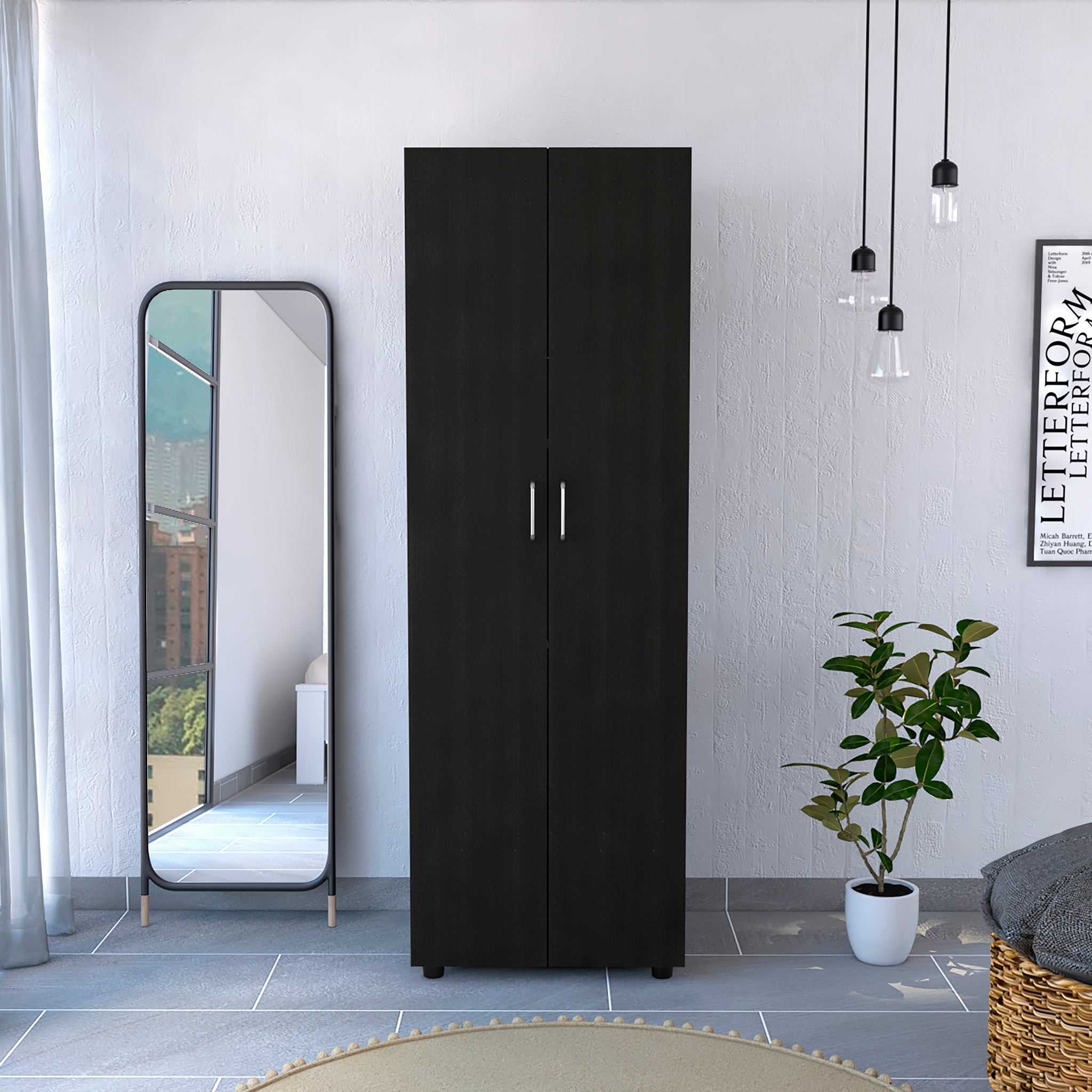 Aurora Armoire, Two Interior Shelves, Rod, Double Door Black Black Bedroom Modern Particle Board Particle Board