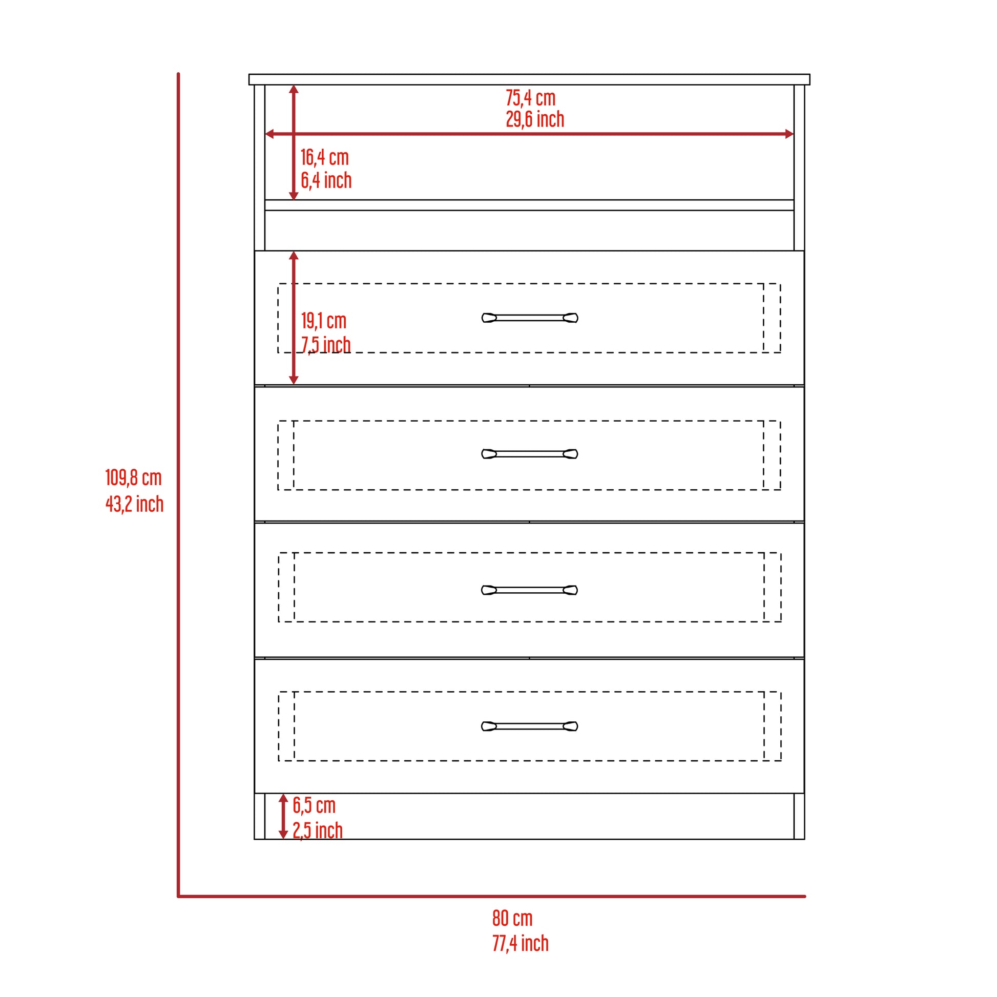 Continental Dresser, Superior Top, Four Drawers, One Shelf White White Bedroom Modern Particle Board Particle Board