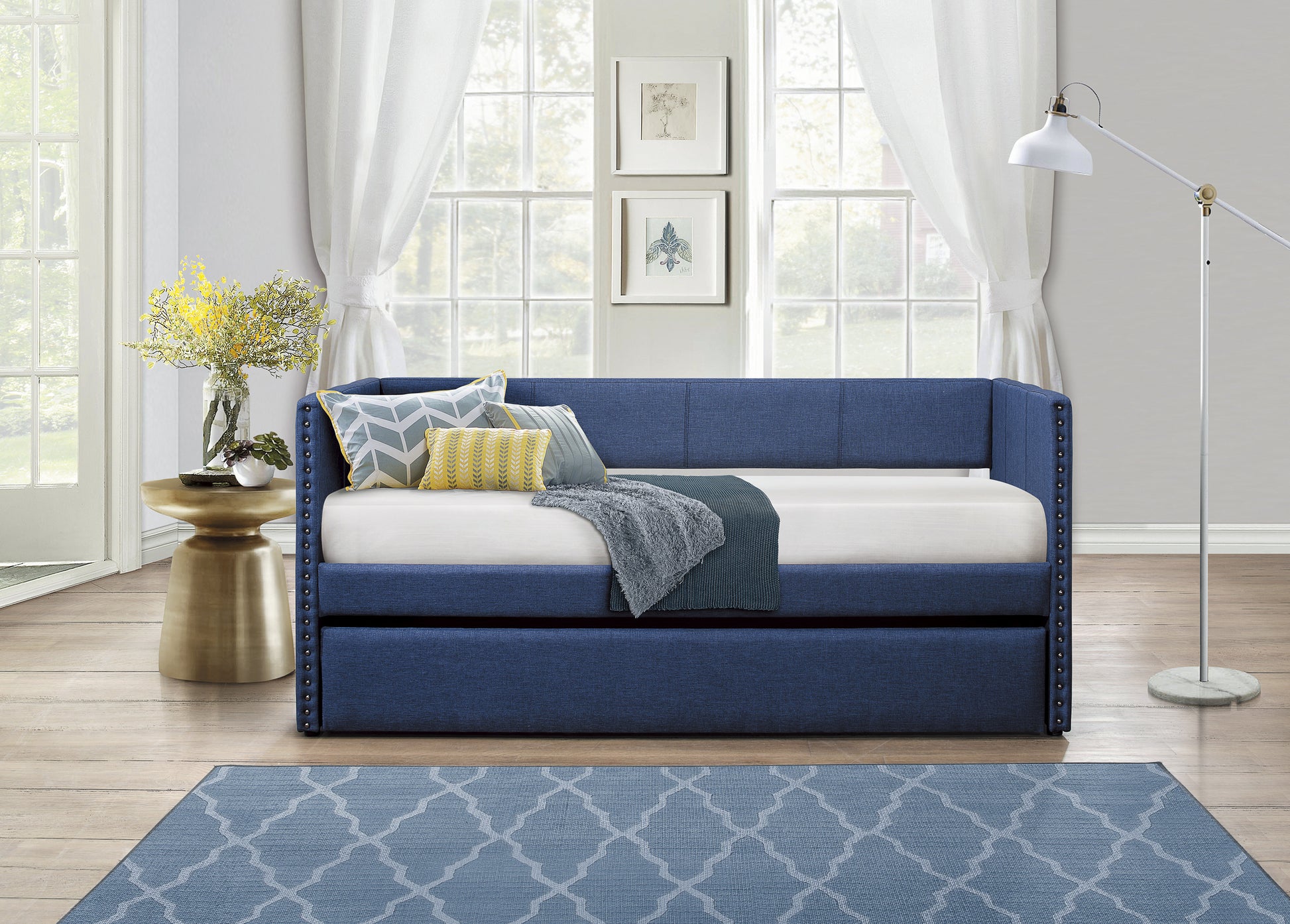 Blue Fabric Upholstered 1Pc Day Bed With Pull Out Trundle Trim Wood Frame Furniture Twin Box Spring Not Required Blue Wood Bedroom Polyester Wood