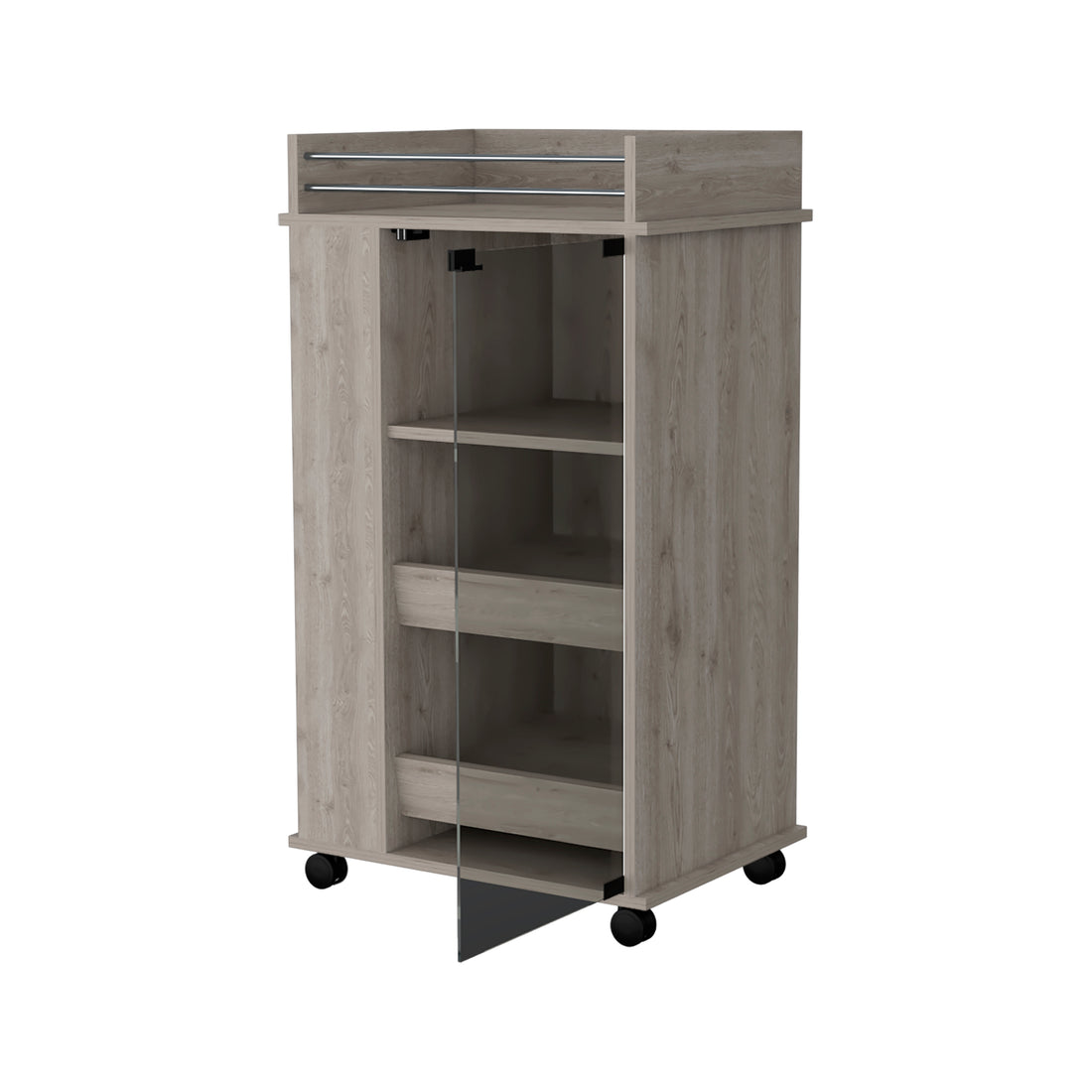 Lusk Bar Cart With 2 Bottle Holder Shelf, Glass Door And Casters Light Gray Particle Board Engineered Wood