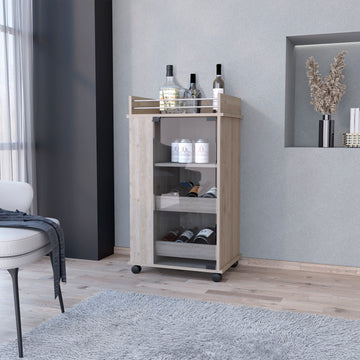 Lusk Bar Cart With 2 Bottle Holder Shelf, Glass Door And Casters Light Gray Particle Board Engineered Wood