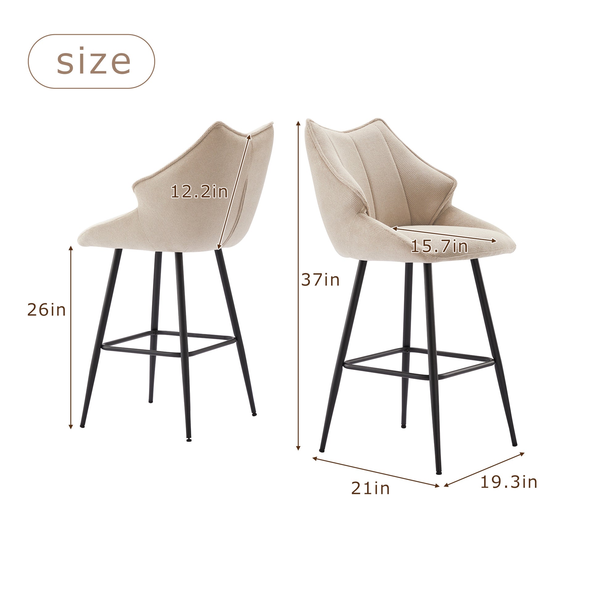 26'' Modern Counter Height Bar Stools Chairs Set Of 2, Mid Century Armless Upholstered Barstools For Kitchen Counter, Upholstered Counter Stools With Backs, Kitchen Island Stool, Beige Metal White Black Dining Room Sponge Wipe Clean Rectangular Modern