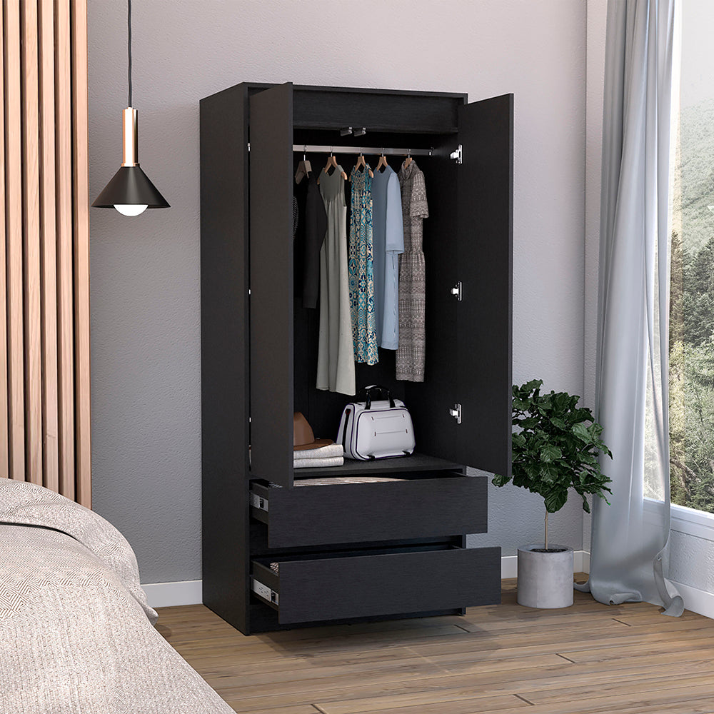 Austin 2 Drawers Armoire, Double Door, Hanging Rod Black Black Bedroom Modern Particle Board Particle Board