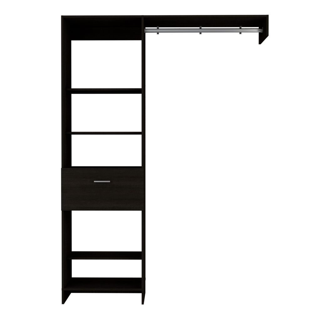 Manchester 150 Closet System, Metal Rod, Five Open Shelves, One Drawer Black Black Bedroom Modern Particle Board Particle Board