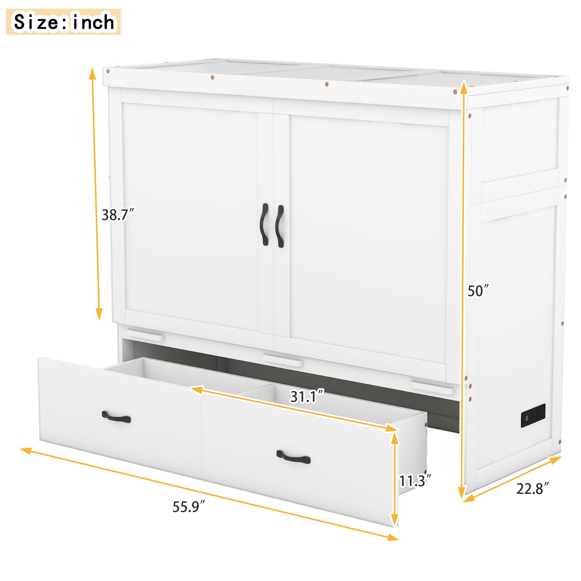 Full Size Murphy Bed With Usb Port And A Large Drawer, White Full White Solid Wood Mdf