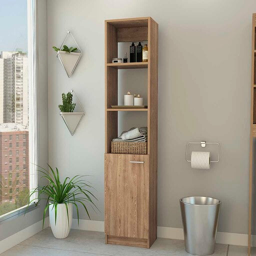 Kansas Linen Cabinet, Three Shelves, One Cabinet Beige 1 60 In & Above Bathroom Freestanding Modern 10 15 Inches Particle Board Engineered Wood