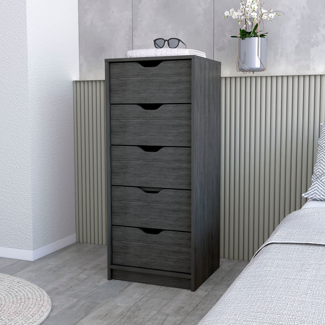 Dillon 5 Narrow Drawer Dresser, Tall Chest Of Drawers Smoke Bedroom Modern Pine Particle Board Engineered Wood