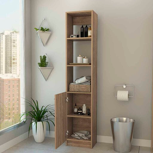 Kansas Linen Cabinet, Three Shelves, One Cabinet Beige 1 60 In & Above Bathroom Freestanding Modern 10 15 Inches Particle Board Engineered Wood