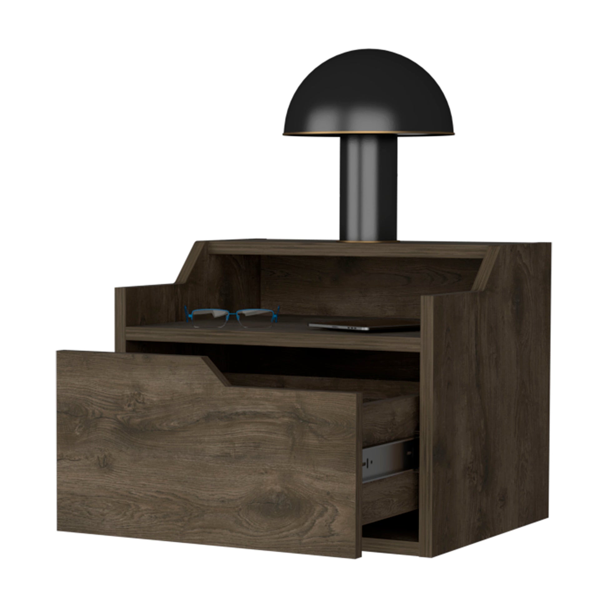 Florence Floating Nightstand With Drawer And Dual Shelf Display Dark Brown Particle Board Engineered Wood