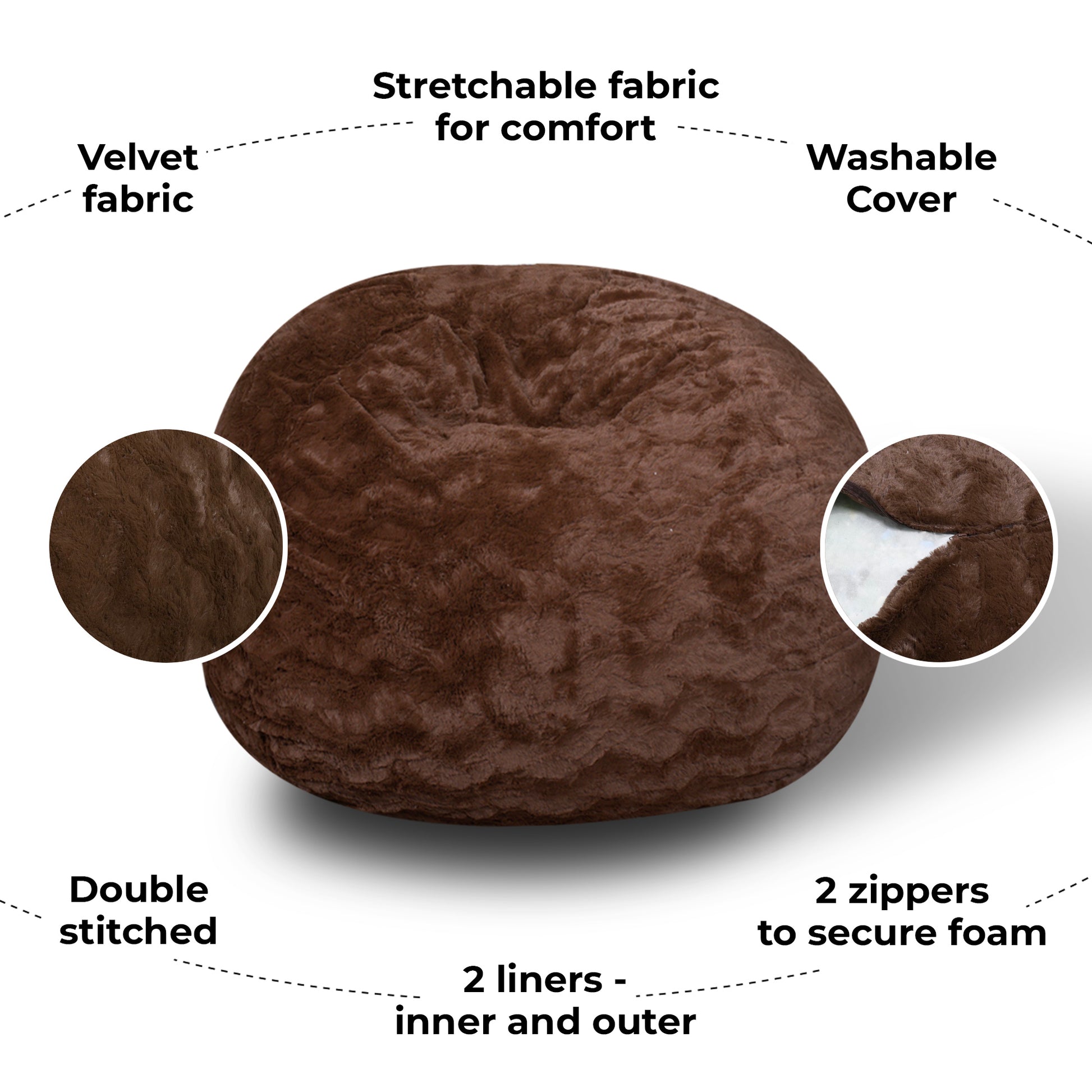 Faux Fur Bean Bag Chair, Brown 5Ft Cozy And Stretchable Fabric Lounger For Children And Adults With Easy Clean Cover, Comfortable Faux Fur Seating For Bedrooms, Filled With Shredded And Memory Foam. Brown Faux Fur