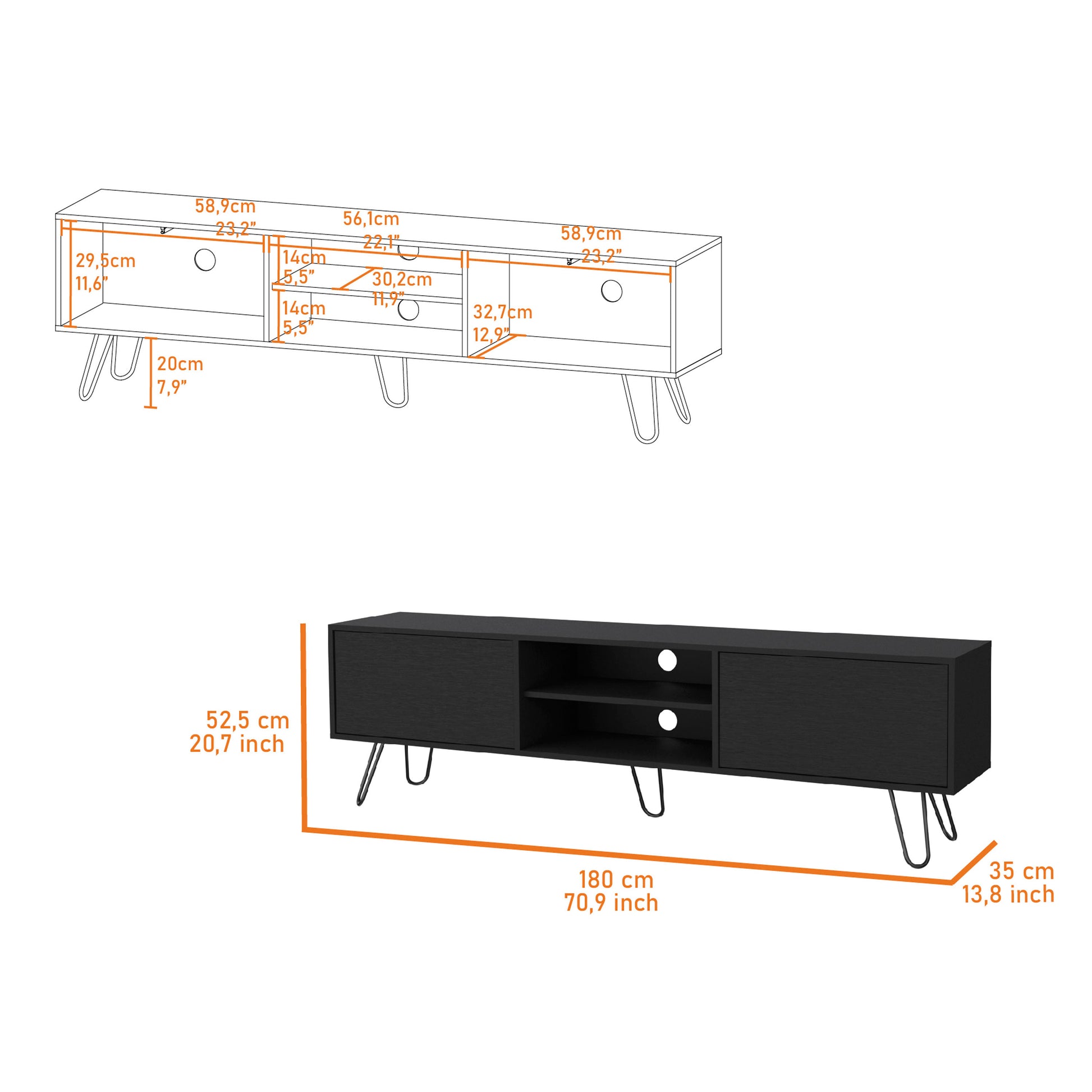 Selby Tv Rack, Hairpin Leg Design With Spacious Storage Black Primary Living Space 70 Inches 60 69 Inches Modern Pine Particle Board Engineered Wood