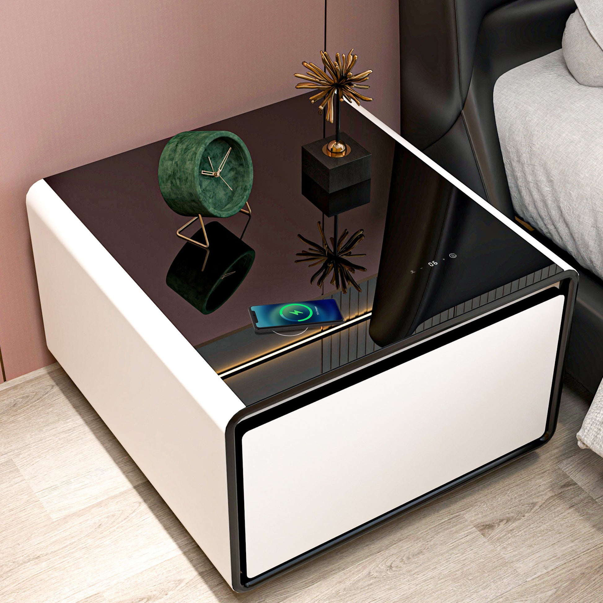 Modern Smart Side Table With Built In Fridge, Wireless Charging, Temperature Control, Power Socket, Usb Ports, Outlet Protection, Induction Light, White Black White Built In Outlets Or Usb Standing Desk Converter Primary Living Space Luxury,Modern