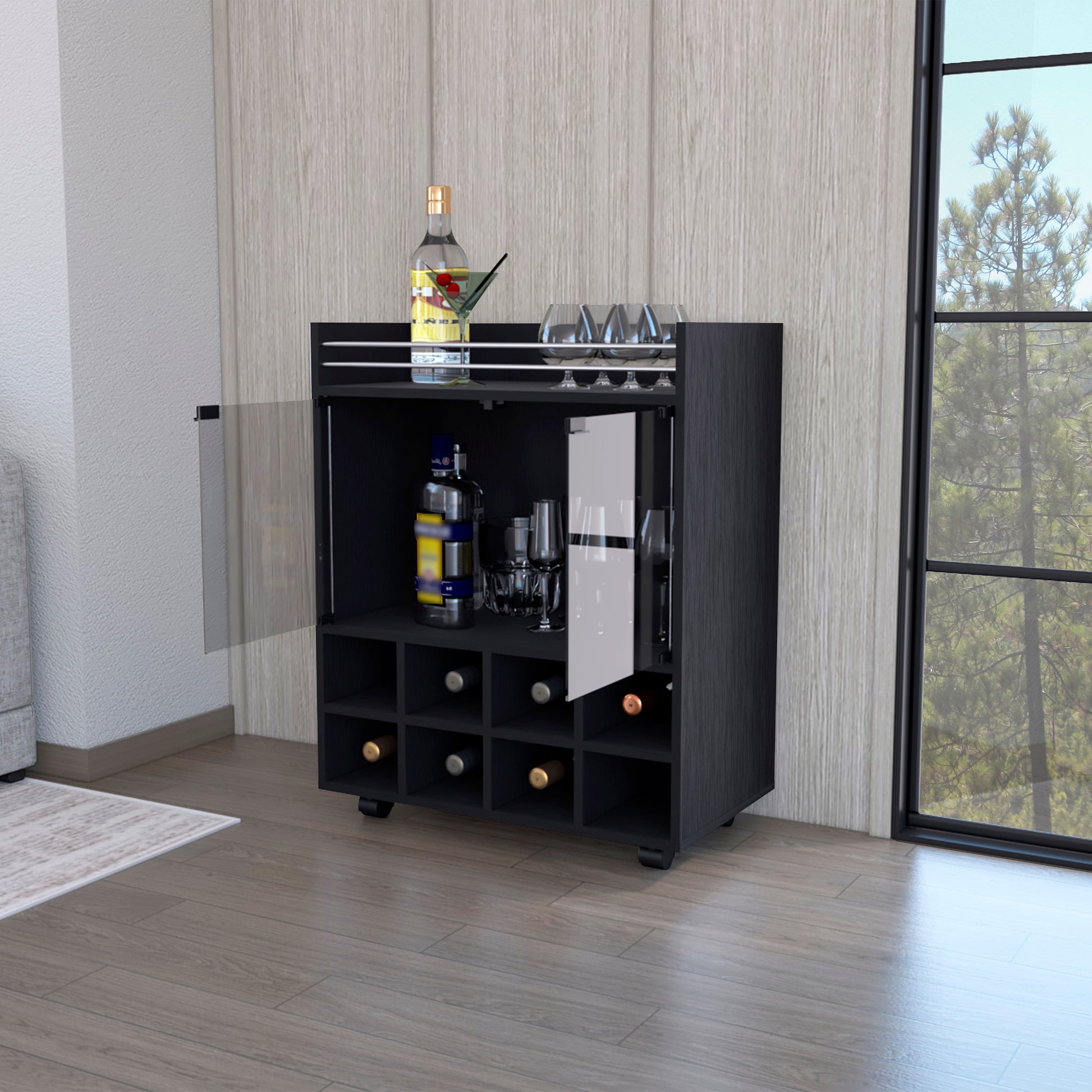 Minneapolis Bar Cart With Integrated 8 Bottle Rack, Glass Encased Cabinet And Aluminum Bar Top Black Primary Living Space Modern Pine Particle Board Engineered Wood