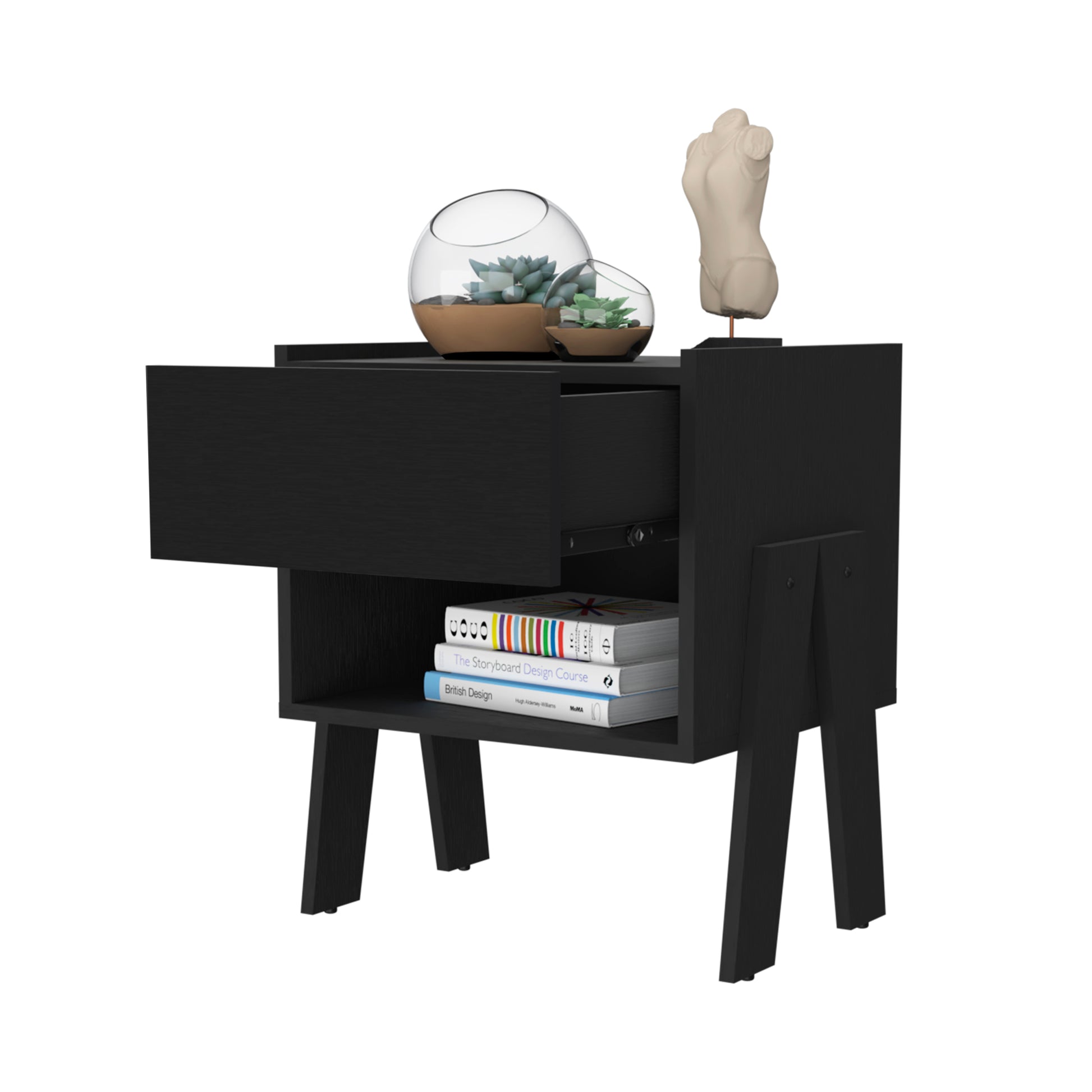 Hyacinth Nightstand, One Drawer, Open Shelf Black 1 Drawer Bedroom Open Storage Modern Pine Storage Pine Particle Board Engineered Wood