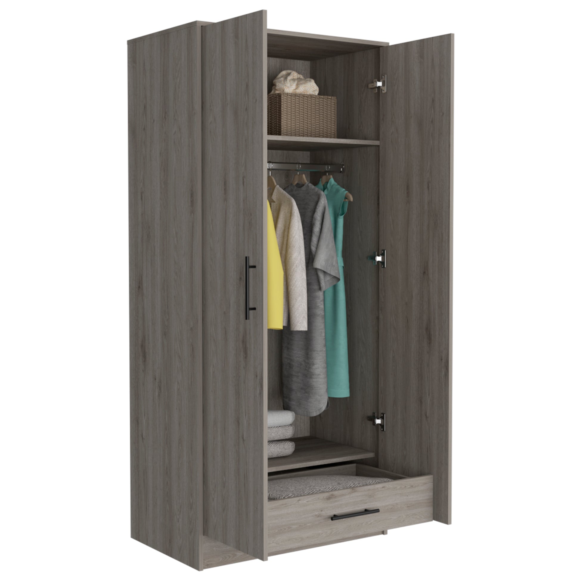 Ambery 180 Armoire, Two Shelves, Double Door, Metal Rod, One Drawer Light Gray Gray Bedroom Modern Particle Board Particle Board