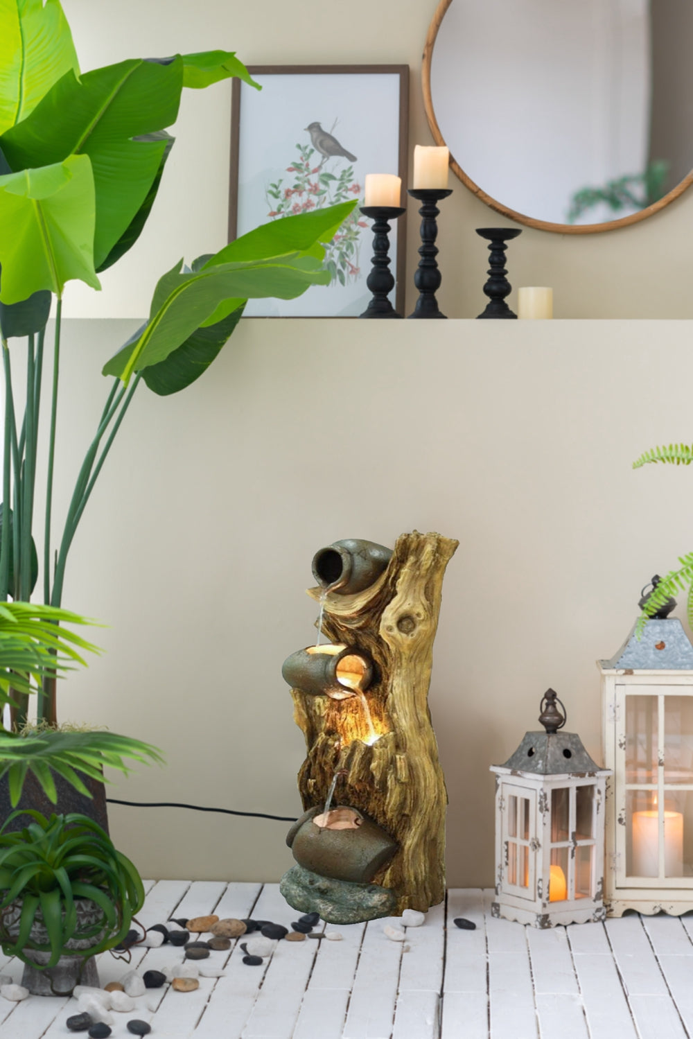 12.4X11.6X37.8" Decorative 3 Tier Tree Trunk Fountain With Lights And Pump, Brown Brown Garden & Outdoor Farmhouse,French Country,Pastoral,Rustic,Traditional Polyresin