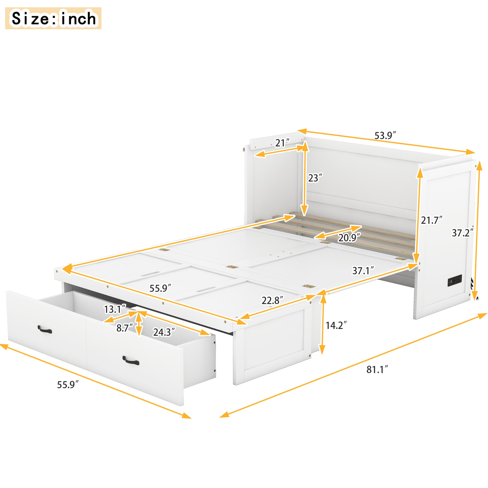 Full Size Murphy Bed With Usb Port And A Large Drawer, White Full White Solid Wood Mdf