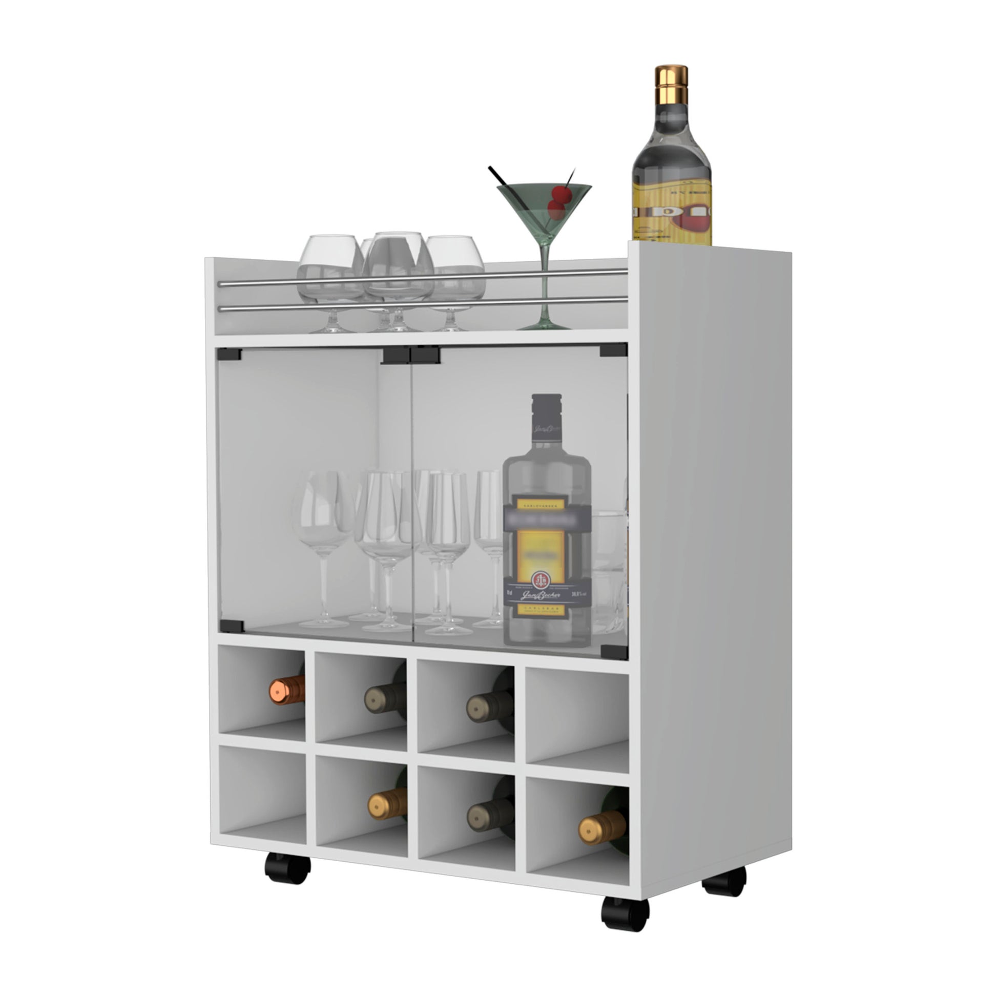 Minneapolis Bar Cart With Integrated 8 Bottle Rack, Glass Encased Cabinet And Aluminum Bar Top Freestanding 5 Or More Spaces White Open Storage Space Modern Pine Particle Board Engineered Wood