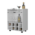 Minneapolis Bar Cart With Integrated 8 Bottle Rack, Glass Encased Cabinet And Aluminum Bar Top White Modern Pine Particle Board Engineered Wood