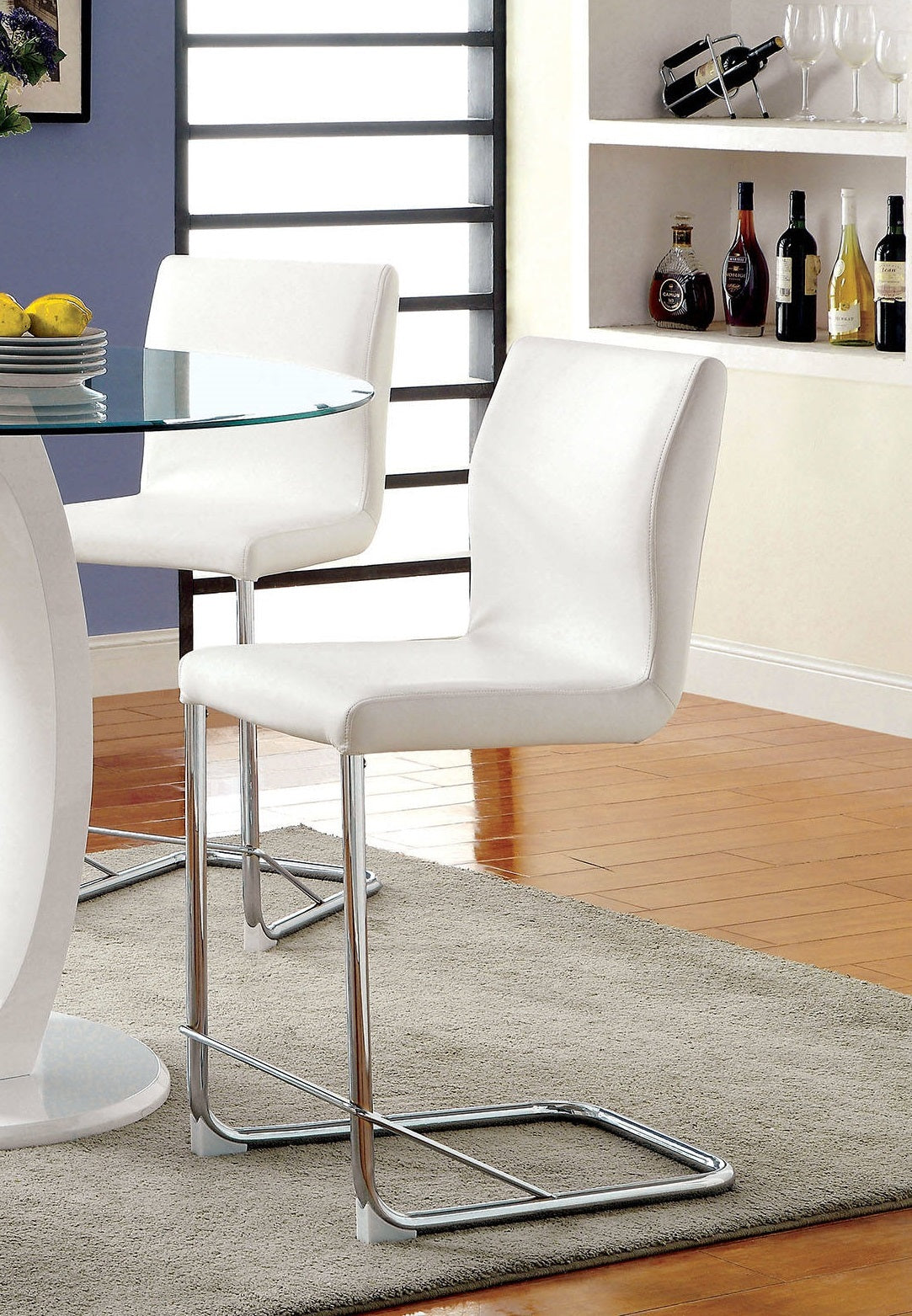 Modern Elegance White Color2Pcs Counter Height Dining Chairs Chrome Metal Legs Dining Room High Chairs White Dining Room Contemporary,Modern Dining Chairs Solid Back Set Of 2 Chrome