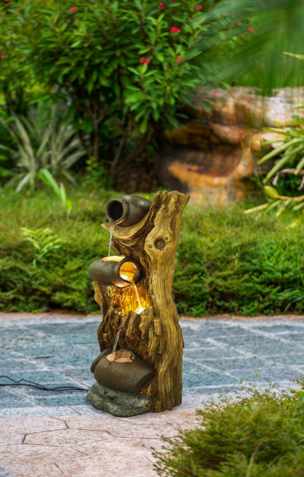 12.4X11.6X37.8" Decorative 3 Tier Tree Trunk Fountain With Lights And Pump, Brown Brown Garden & Outdoor Farmhouse,French Country,Pastoral,Rustic,Traditional Polyresin