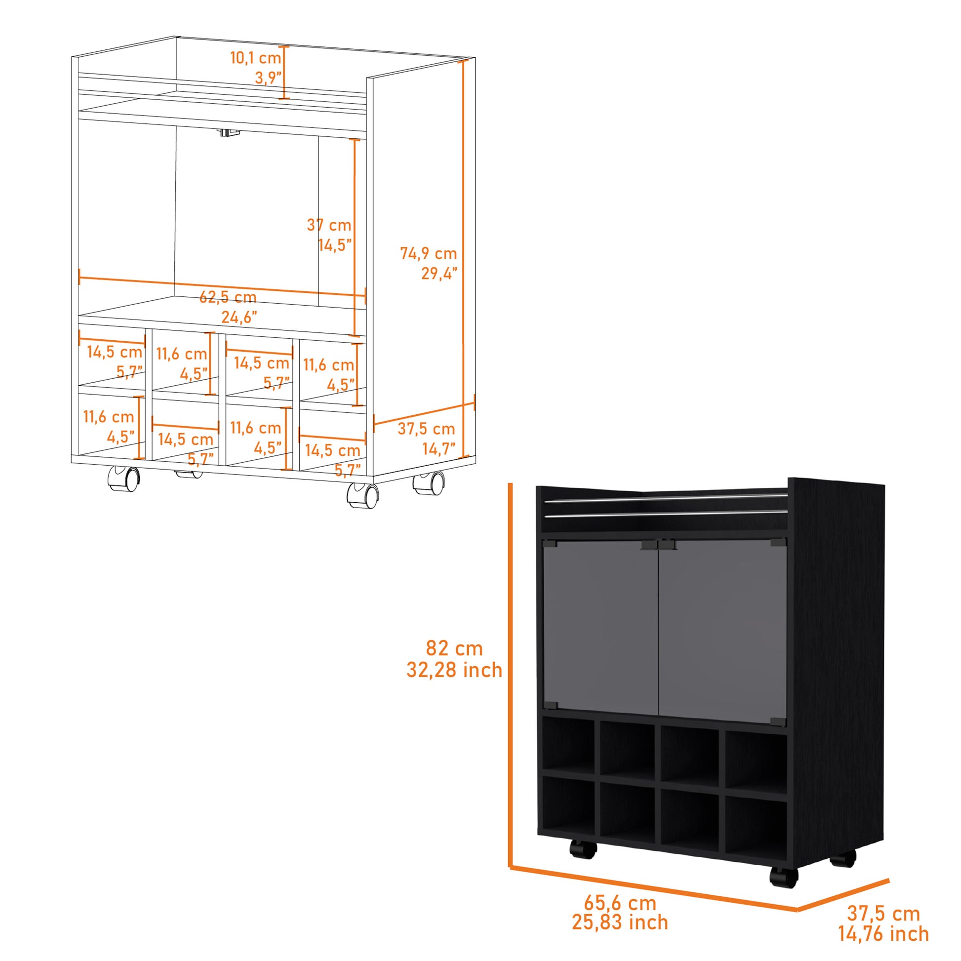 Minneapolis Bar Cart With Integrated 8 Bottle Rack, Glass Encased Cabinet And Aluminum Bar Top Black Primary Living Space Modern Pine Particle Board Engineered Wood