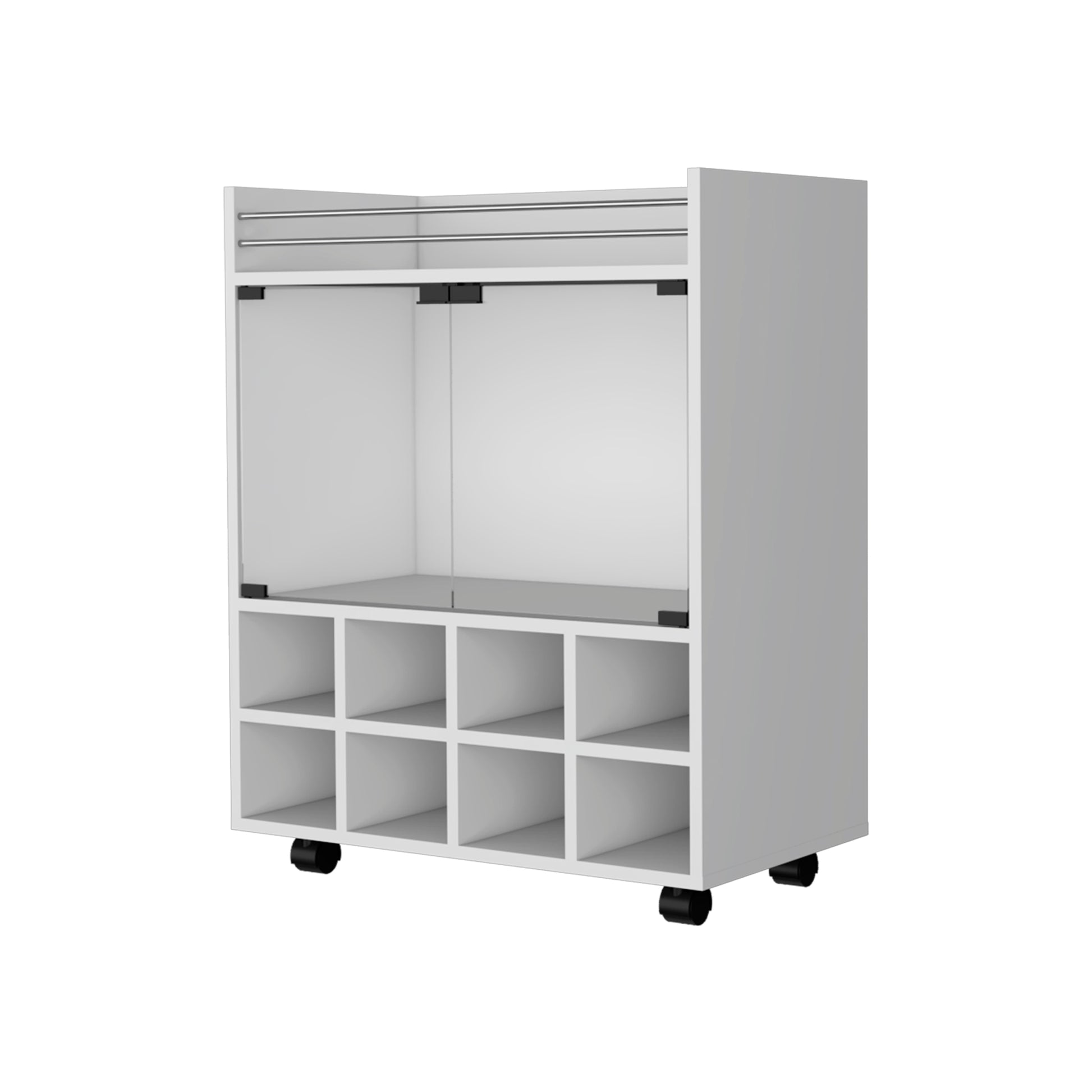 Minneapolis Bar Cart With Integrated 8 Bottle Rack, Glass Encased Cabinet And Aluminum Bar Top Freestanding 5 Or More Spaces White Open Storage Space Modern Pine Particle Board Engineered Wood