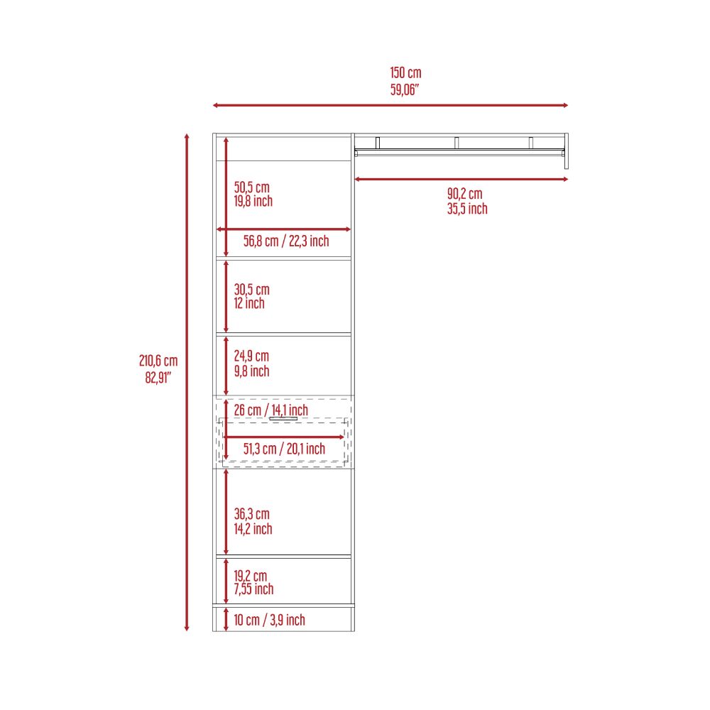 Manchester 150 Closet System, Metal Rod, Five Open Shelves, One Drawer Black Black Bedroom Modern Particle Board Particle Board