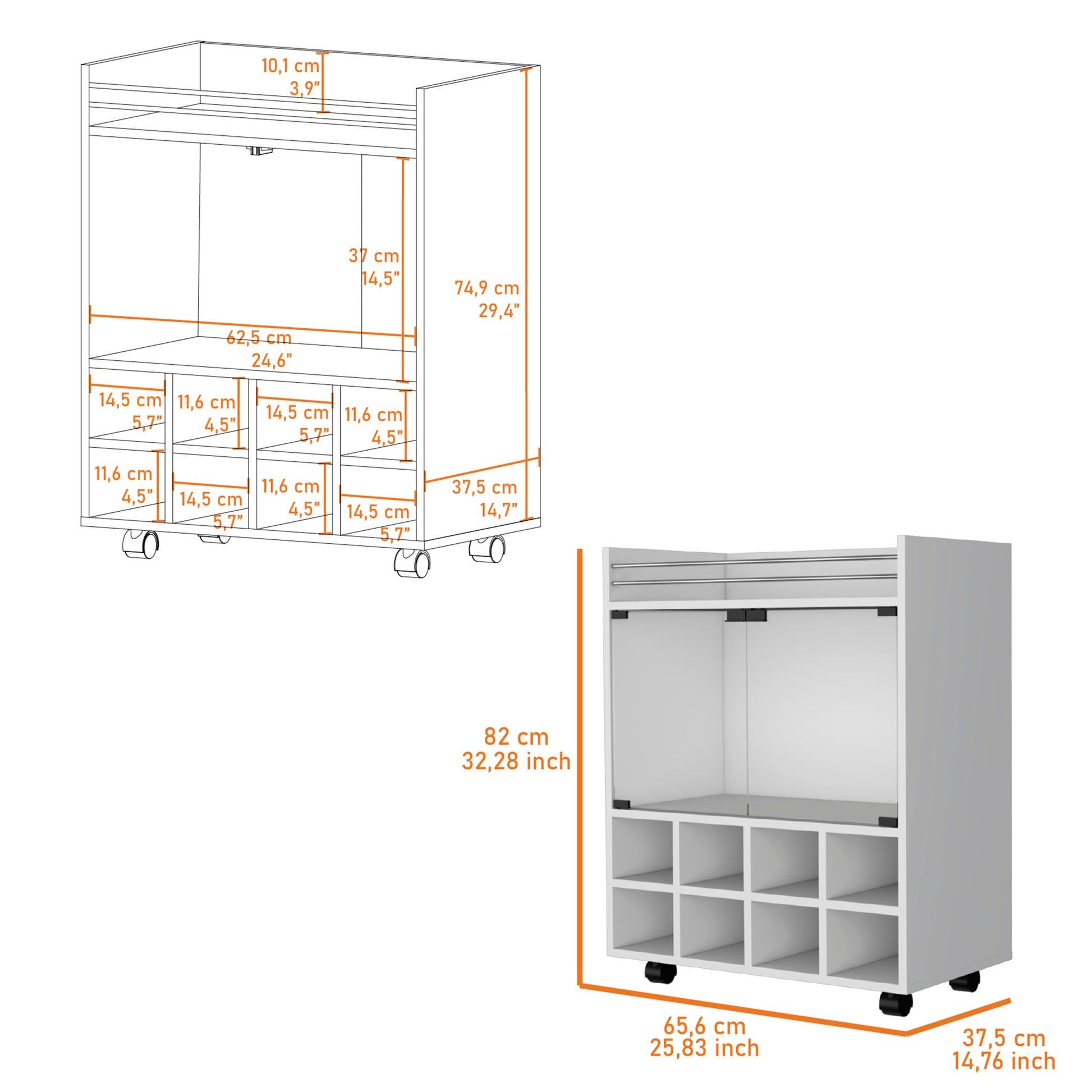 Minneapolis Bar Cart With Integrated 8 Bottle Rack, Glass Encased Cabinet And Aluminum Bar Top Freestanding 5 Or More Spaces White Open Storage Space Modern Pine Particle Board Engineered Wood