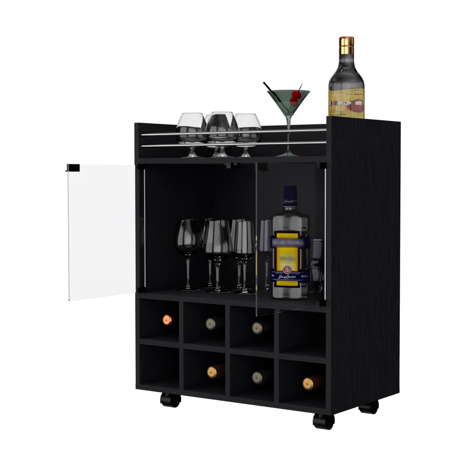 Minneapolis Bar Cart With Integrated 8 Bottle Rack, Glass Encased Cabinet And Aluminum Bar Top Black Primary Living Space Modern Pine Particle Board Engineered Wood