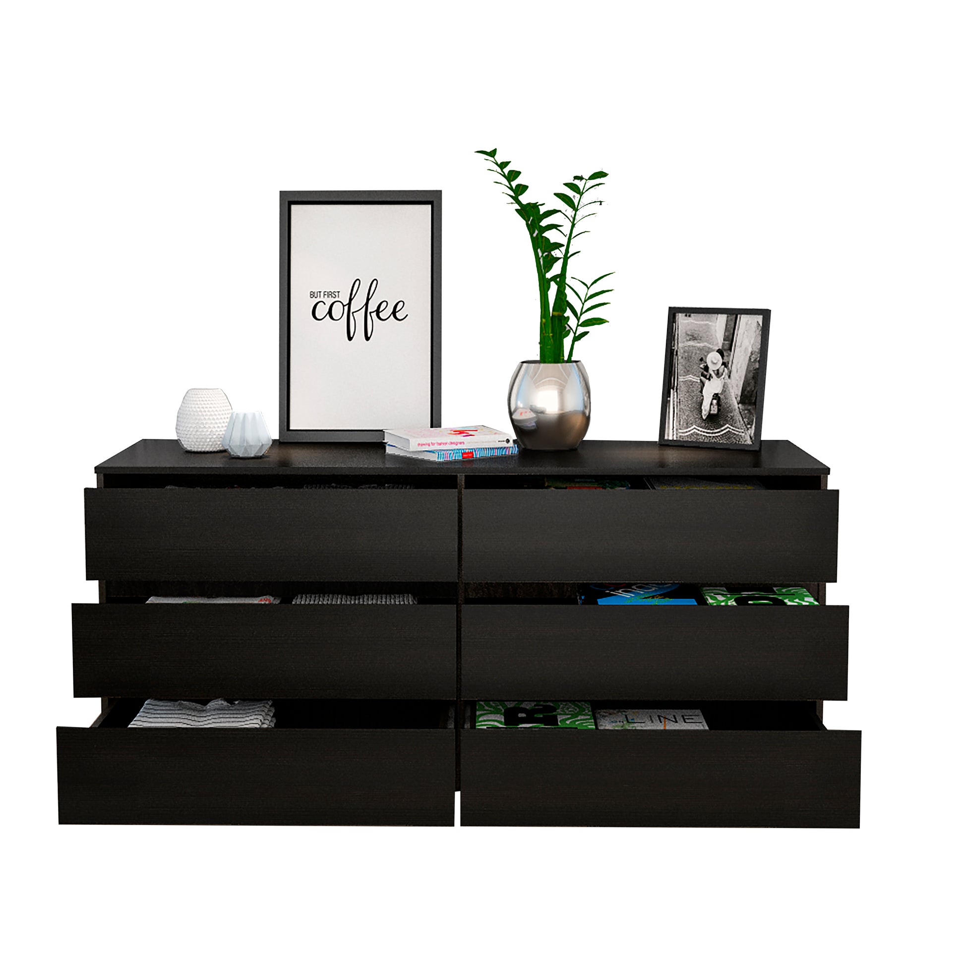 Asteria 6 Drawer Double Dresser, Metal Handles Black Black Bedroom Modern Particle Board Particle Board