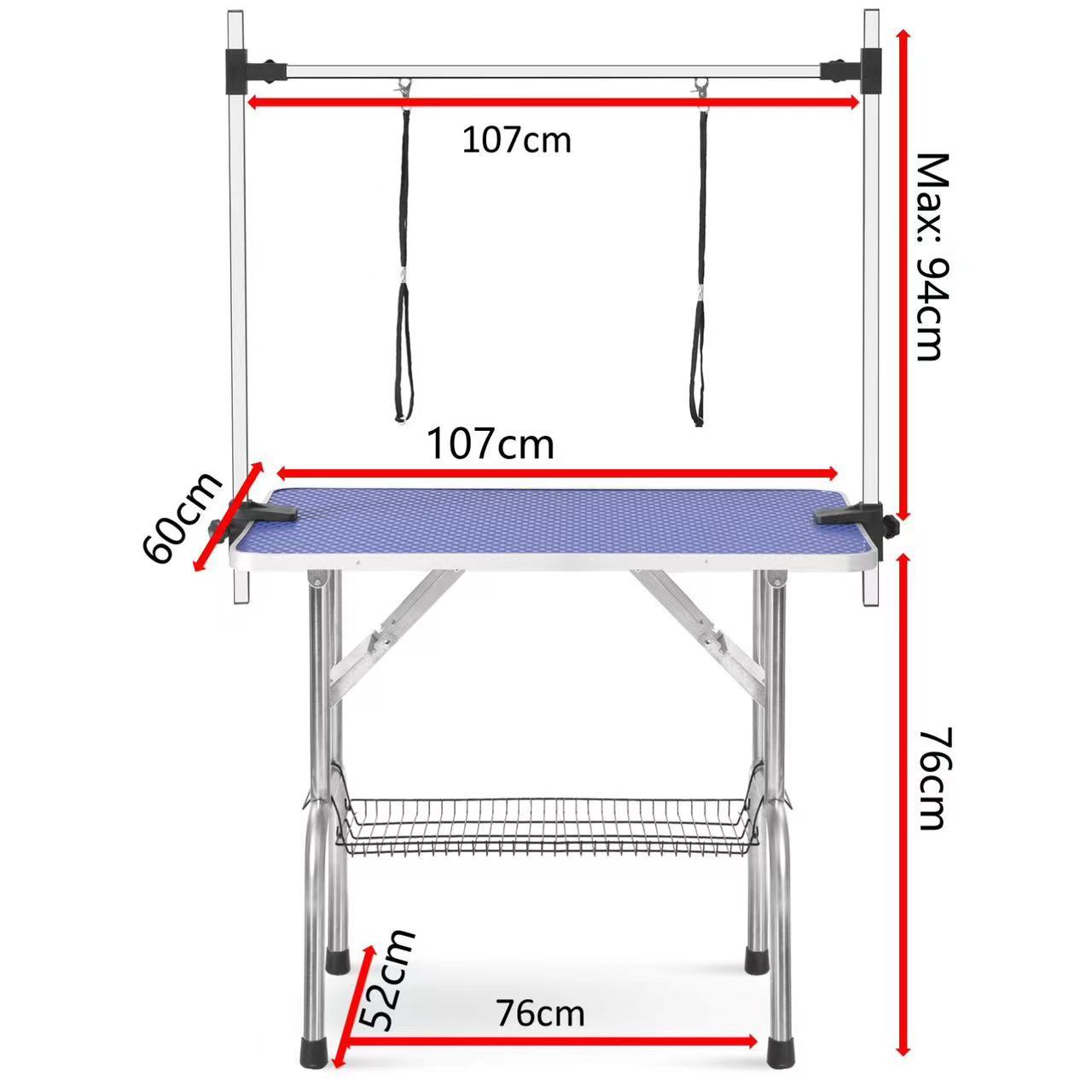 High Quality Folding Pet Grooming Table Stainless Legs And Arms Blue Rubber Top Storage Basket Blue Wood Stainless Steel