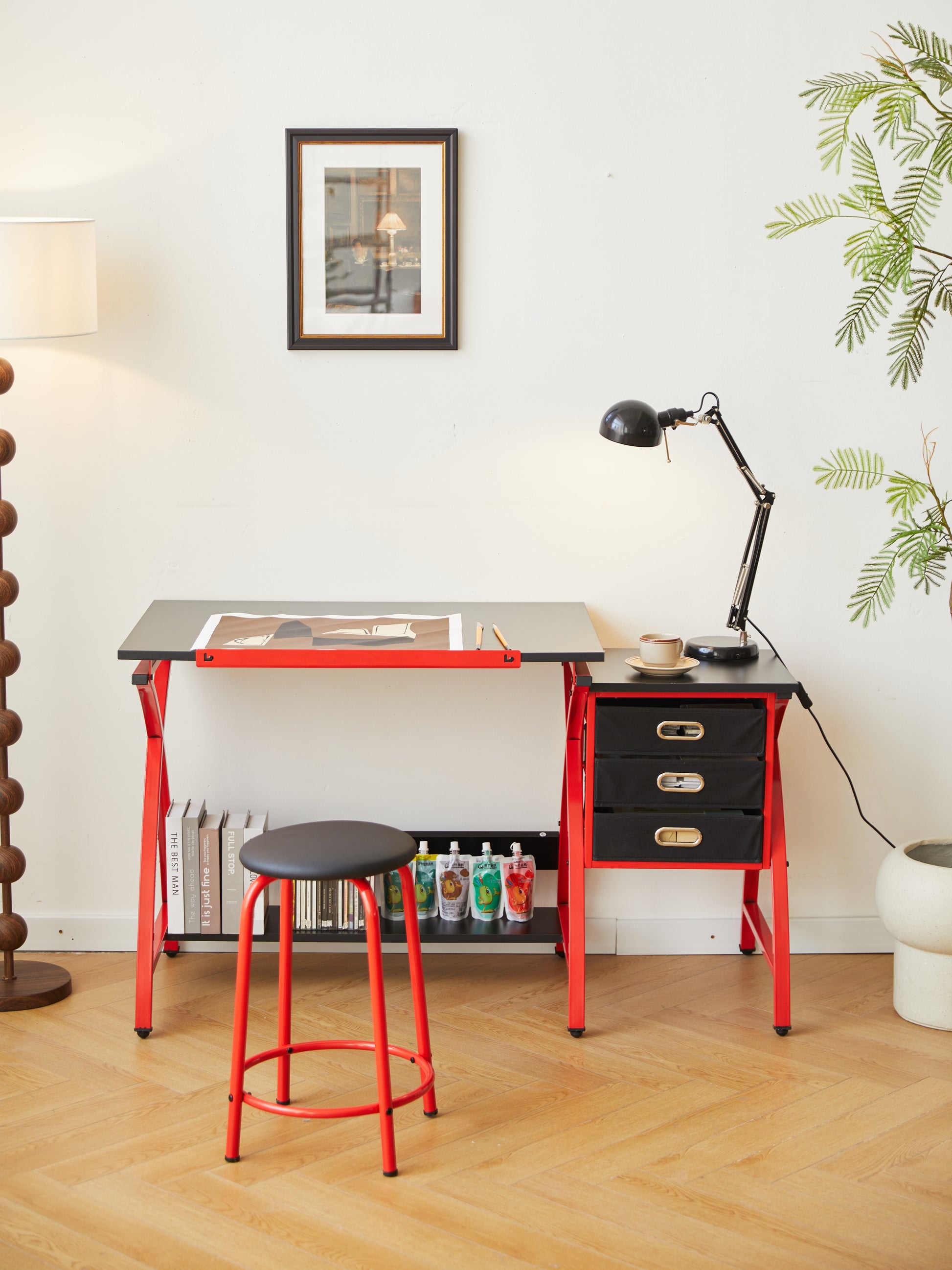 Drafting Table Red With Stool Red Mdf Metal