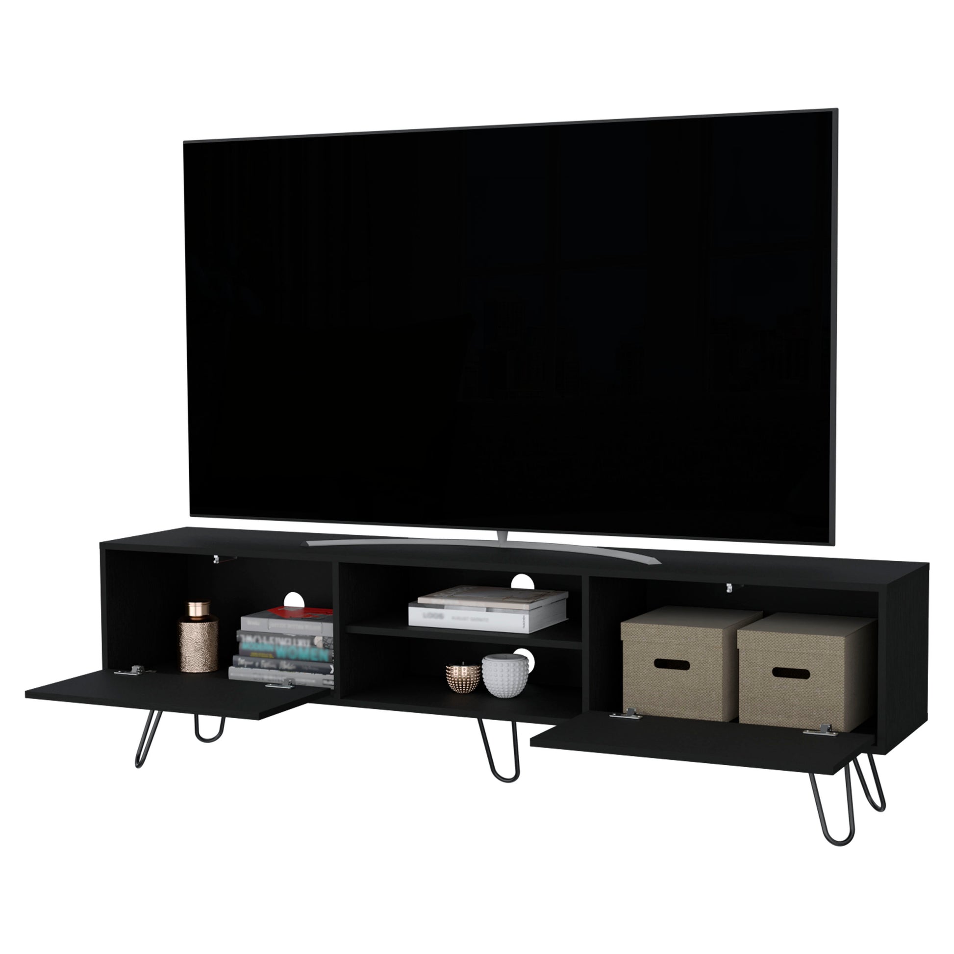 Selby Tv Rack, Hairpin Leg Design With Spacious Storage Black Primary Living Space 70 Inches 60 69 Inches Modern Pine Particle Board Engineered Wood