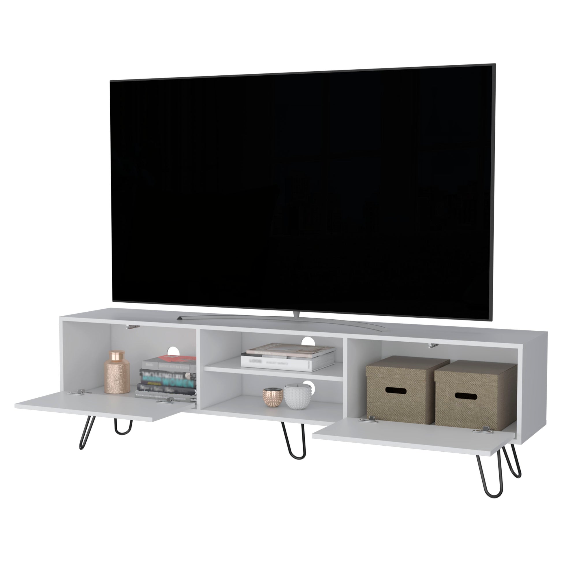 Selby Tv Rack, Hairpin Leg Design With Spacious Storage White White Primary Living Space 40 49 Inches 40 49 Inches American Design,Modern Pine 50 Inches Particle Board Engineered Wood